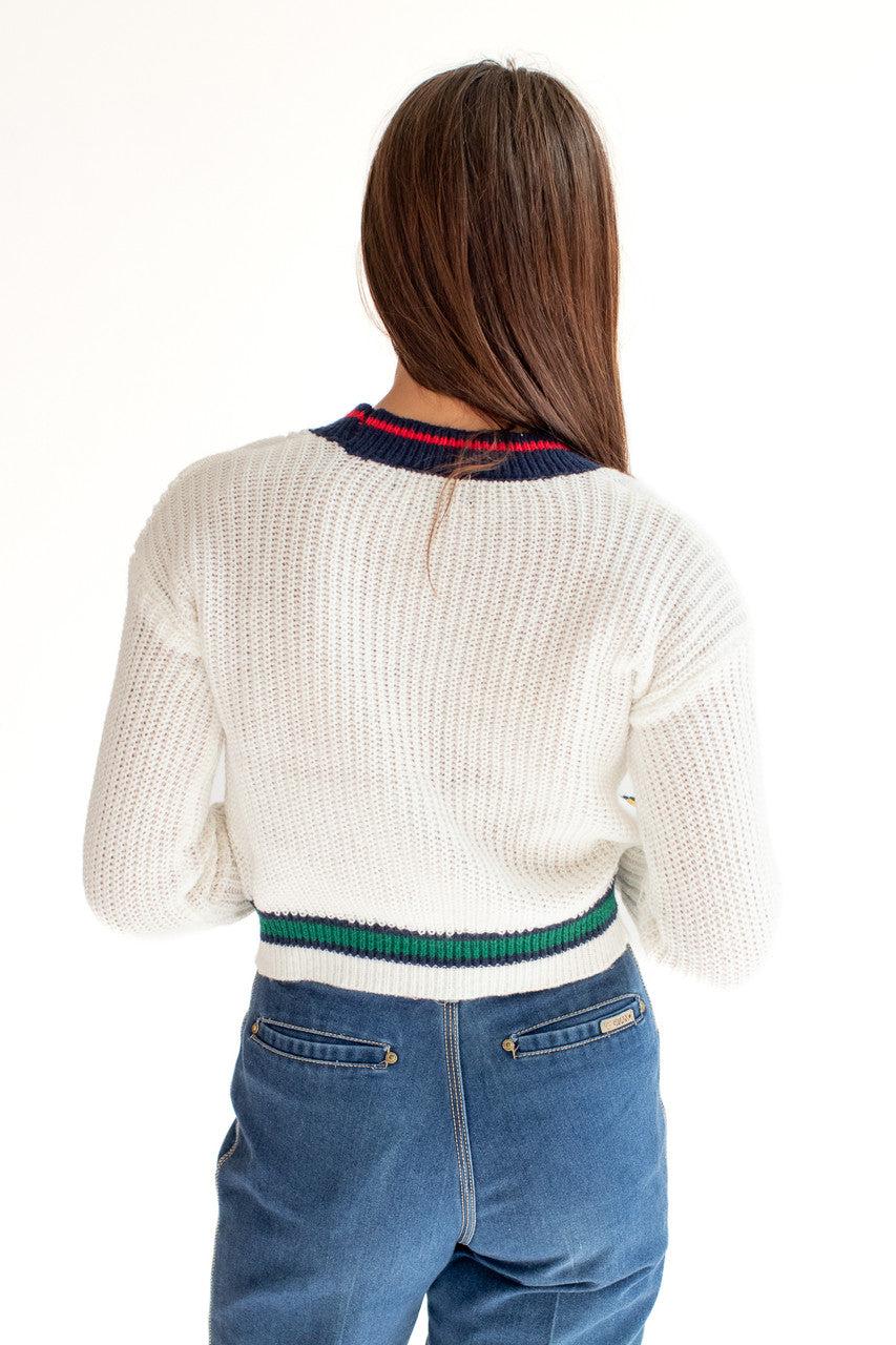 White Cable Knit Varsity Cardigan Product Image
