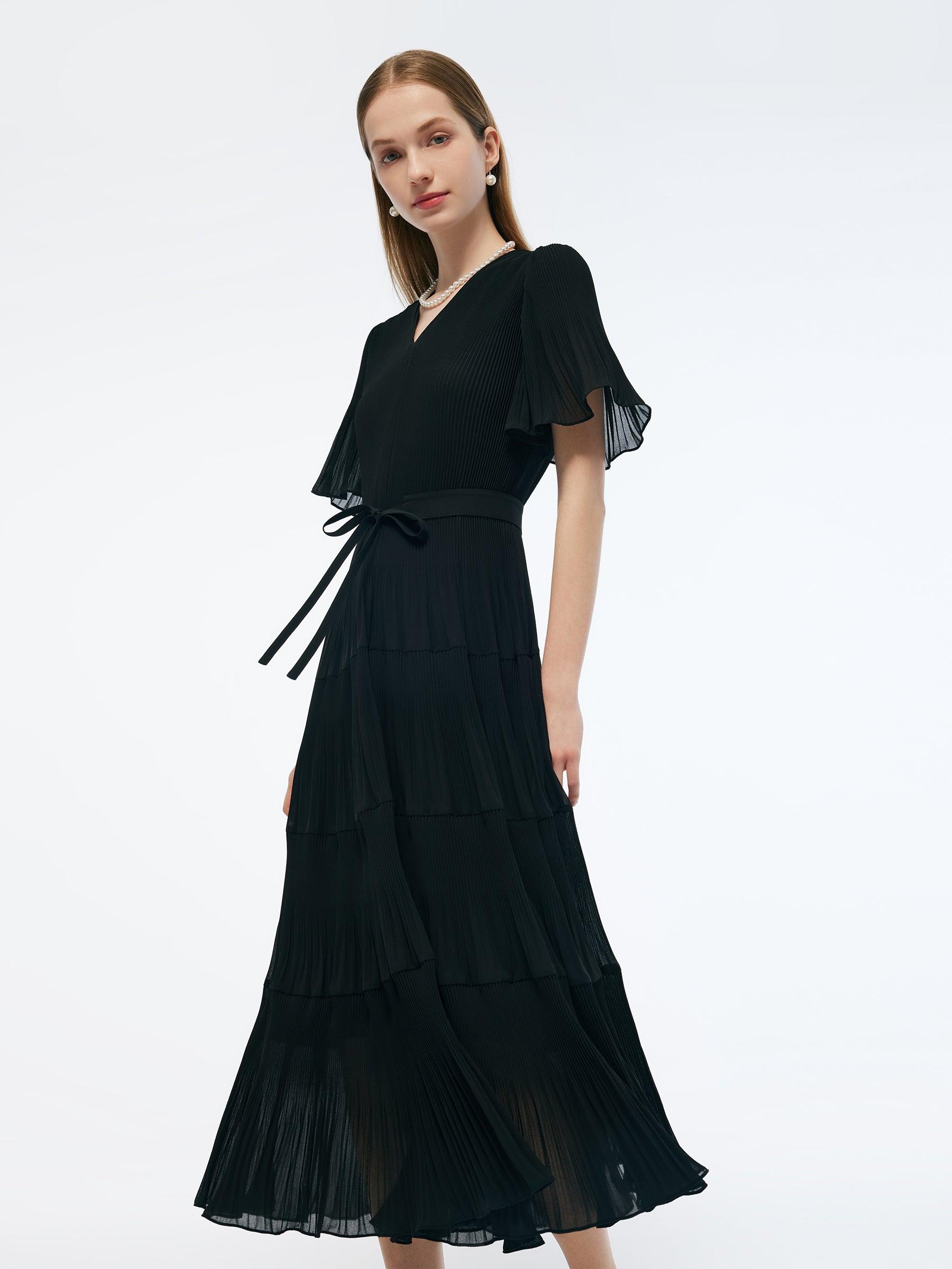 Pleated V-Neck Women A-Line Tie Belt Maxi Dress Product Image