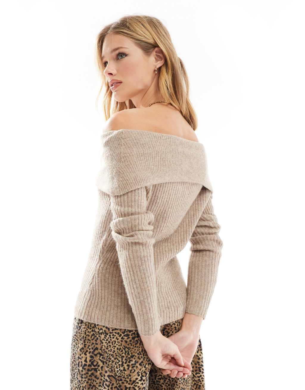 Threadbare bardot off shoulder sweater in light brown Product Image