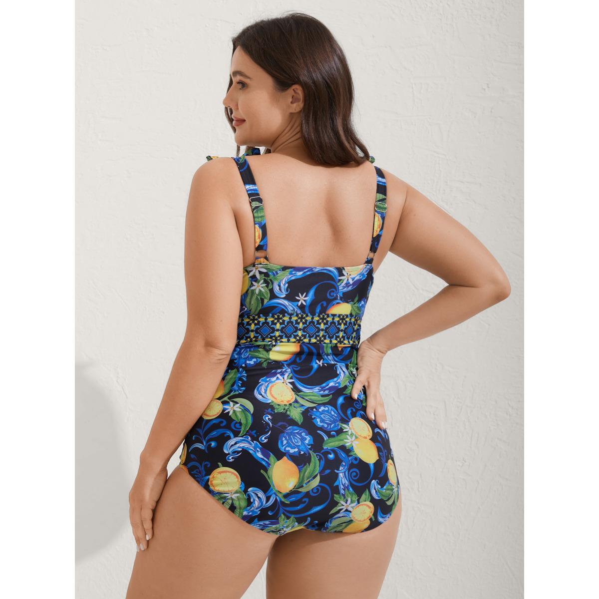 Plus Size Two-Piece Citrus Print Sarong Swimsuit Women's Swimwear BlackFlower Resort Tie knot Curve Bathing Suits High stretch One Pieces BloomChic 18-20/2X Product Image
