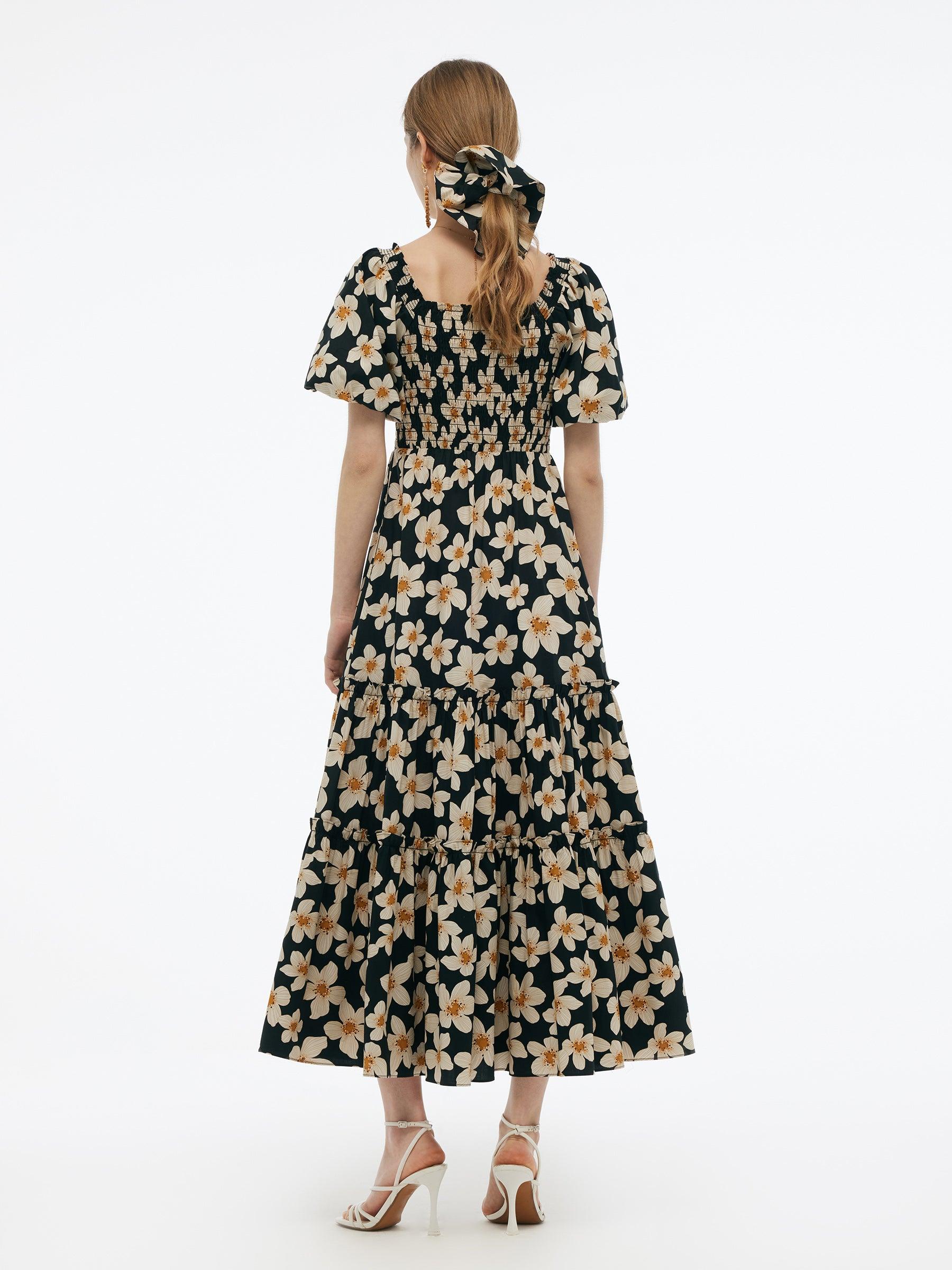 Cotton Stretch Floral Print Women Smocked Maxi Dress Product Image