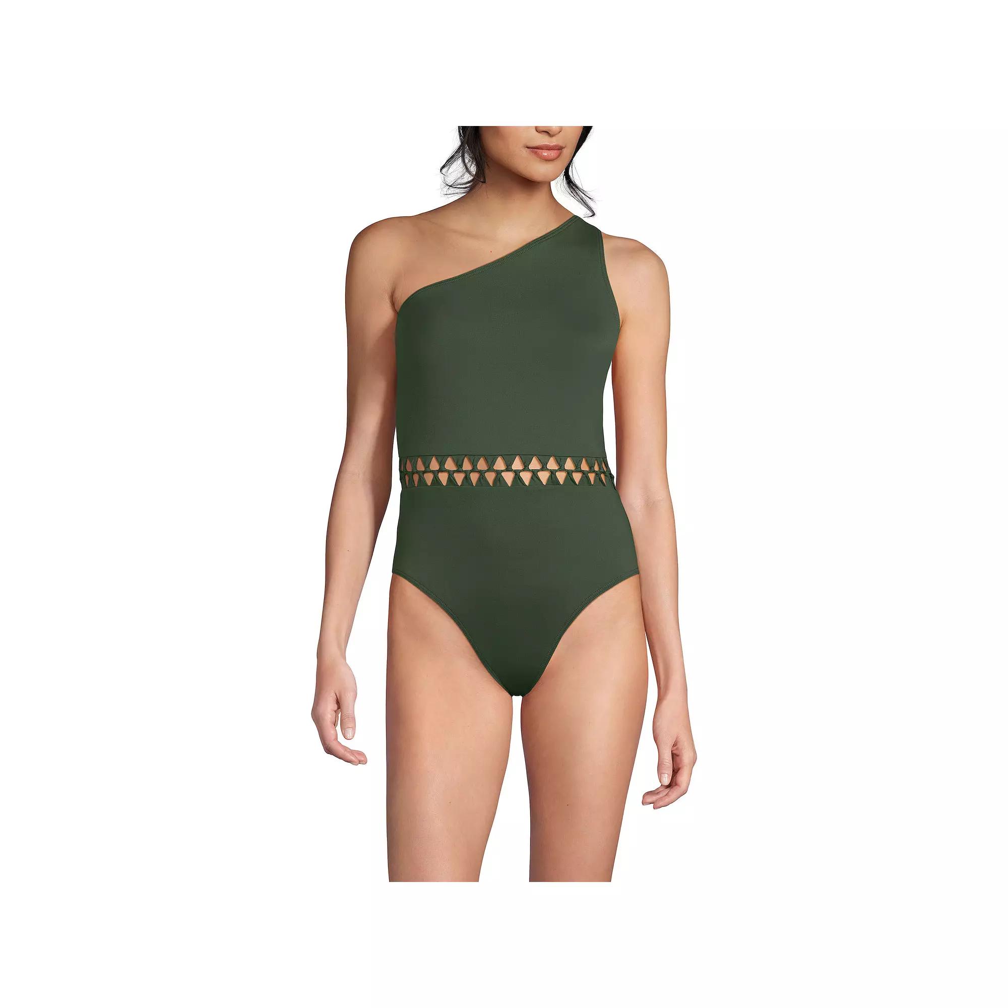 Women's Lands' End Macrame One Shoulder High Leg Swim Suit,  Product Image