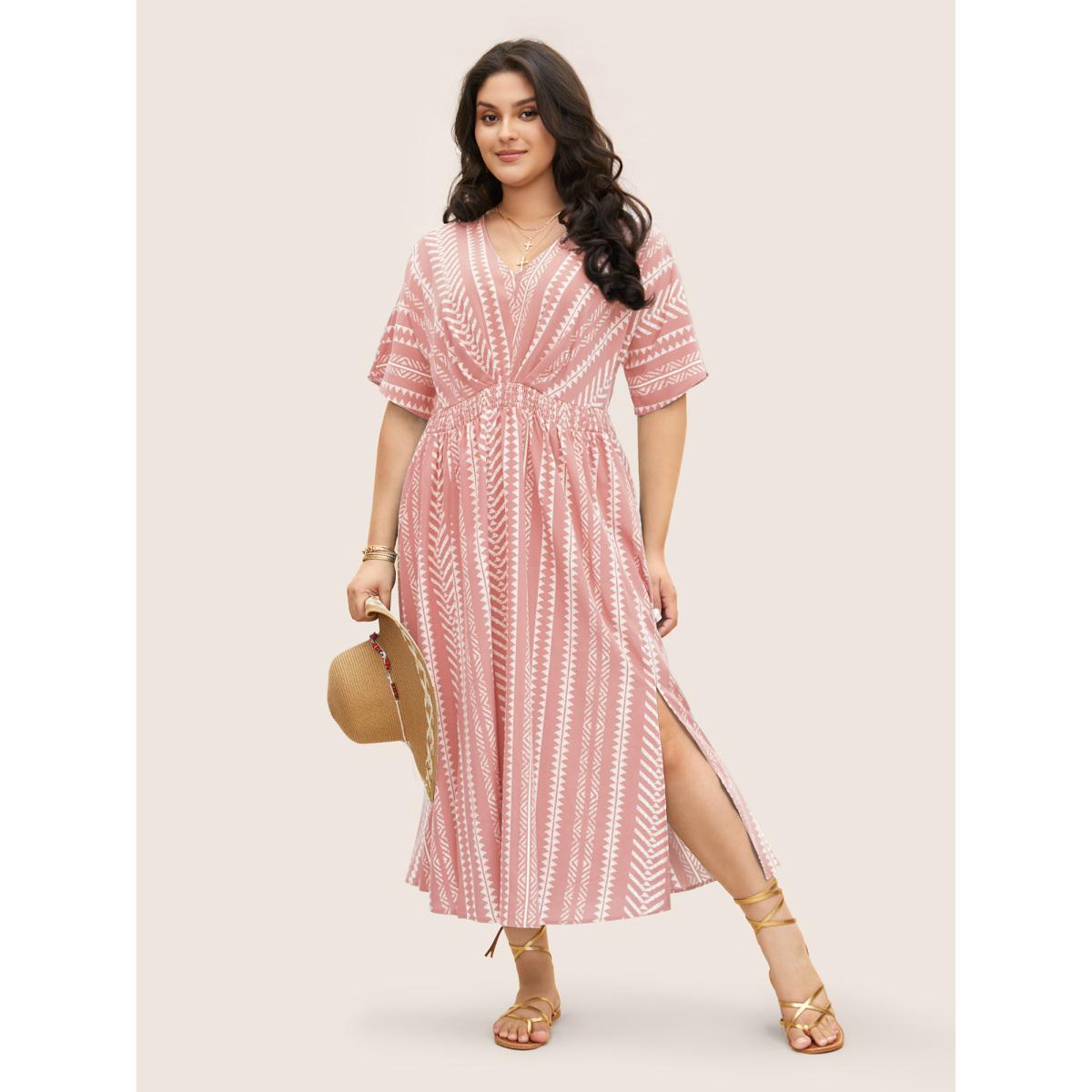 Plus Size Solid Geometric Dolman Sleeve Pocket Shirred Split Hem Dress Crepe Women Boho Non V-neck Half Sleeve Curvy Long Dress BloomChic 30/6X Product Image