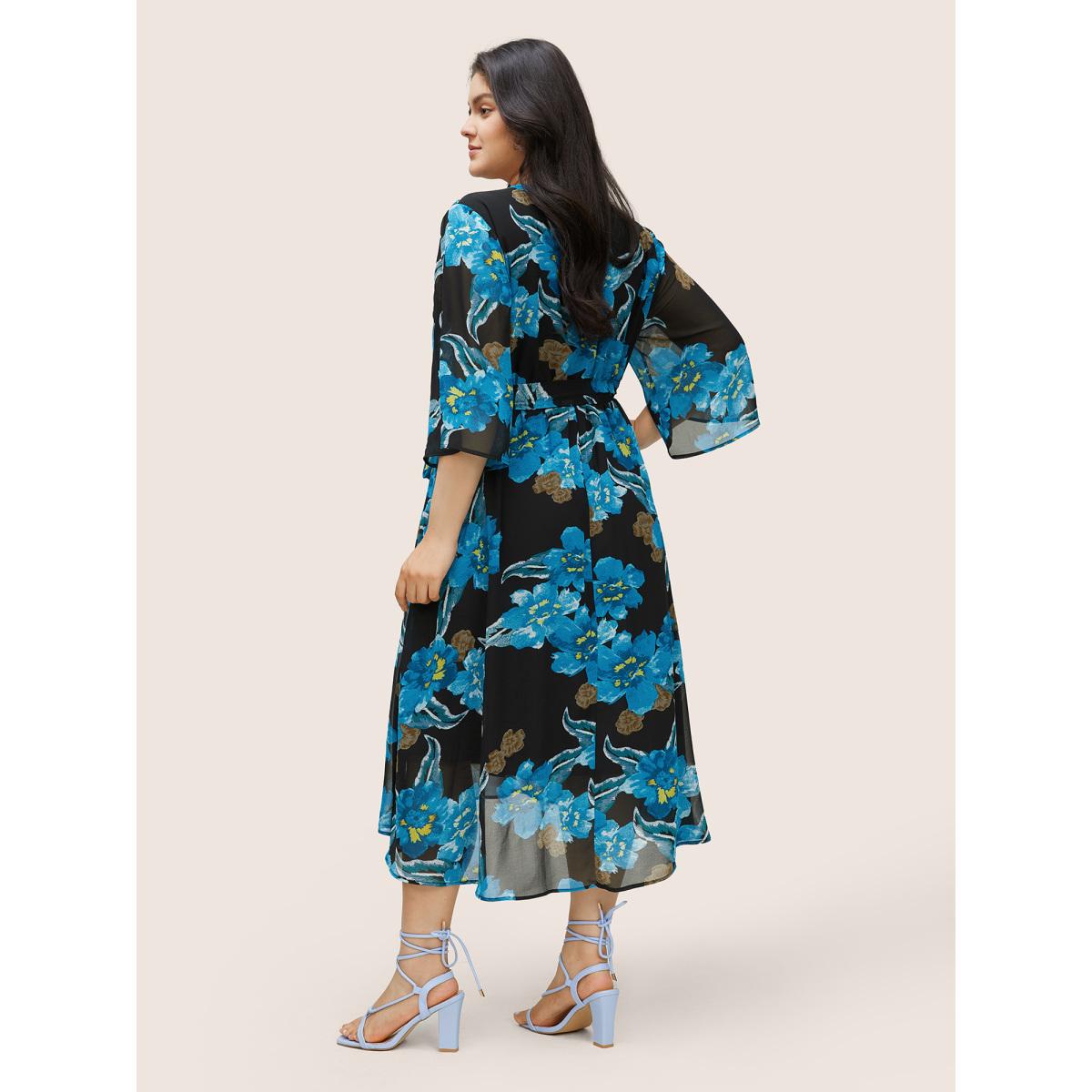 Plus Size Floral Print Surplice Neck Belted Mesh Dress Black Women Elegant Non Overlap Collar Elbow-length sleeve Curvy Midi Dress BloomChic 30/6X Product Image