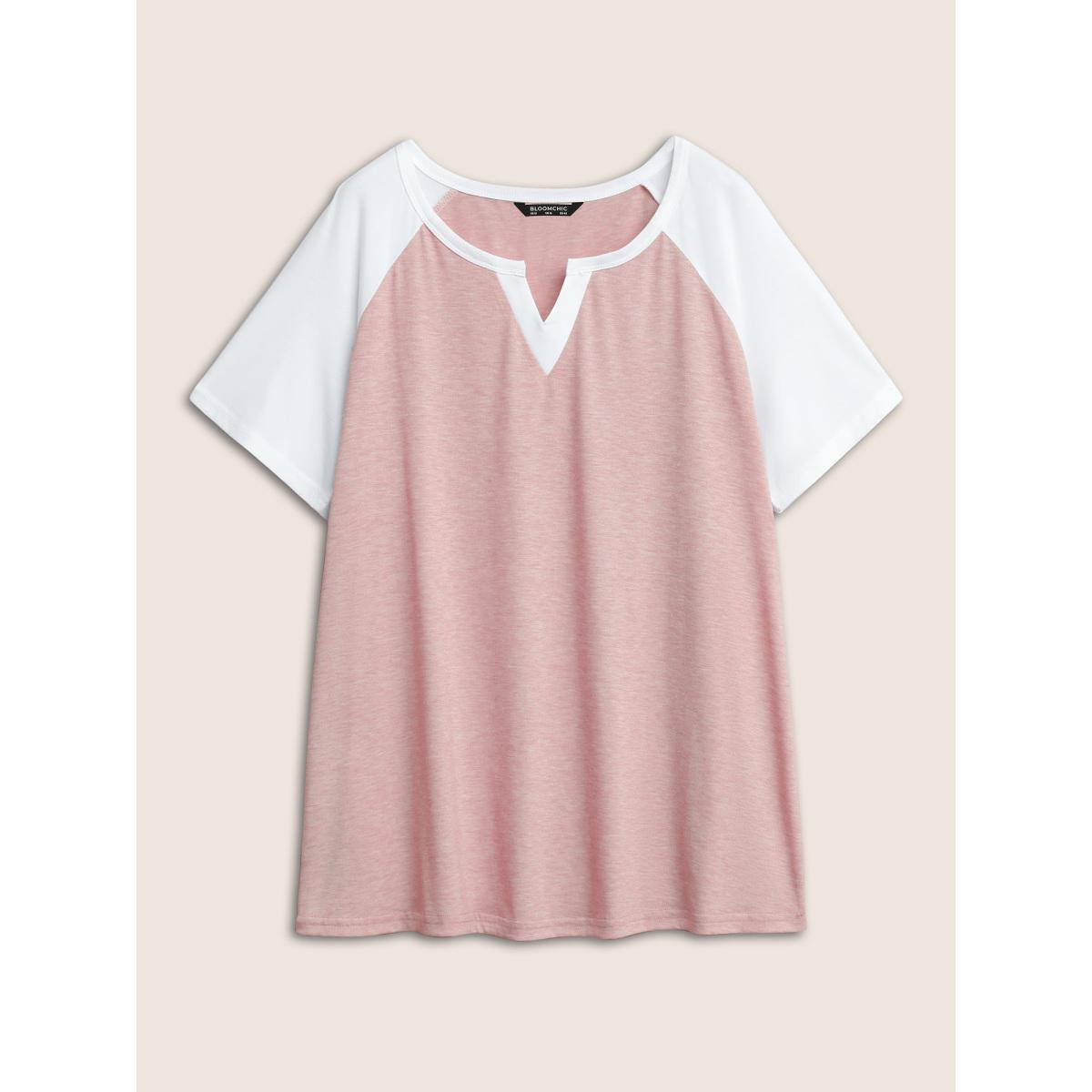 Plus Size Colorblock Contrast Notched Raglan Sleeve T-shirt Crepe Women Leisure Plain Casual T-shirts BloomChic 12/L Product Image