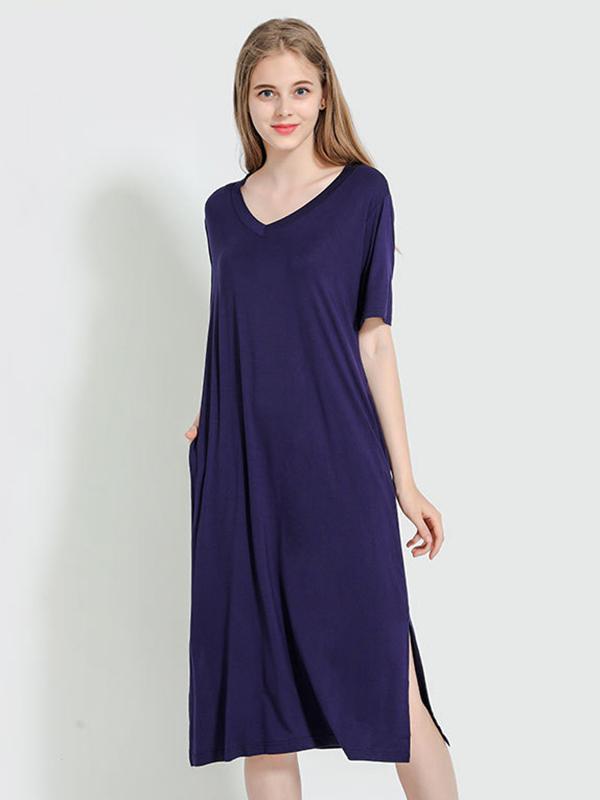 Simple Short Sleeves Loose Split-Side Solid Color V-Neck Pajamas Dress Product Image