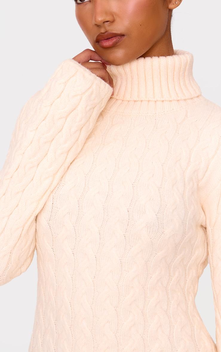 Oatmeal Chunky Cable Knit Roll Neck Maxi Sweater Dress Product Image