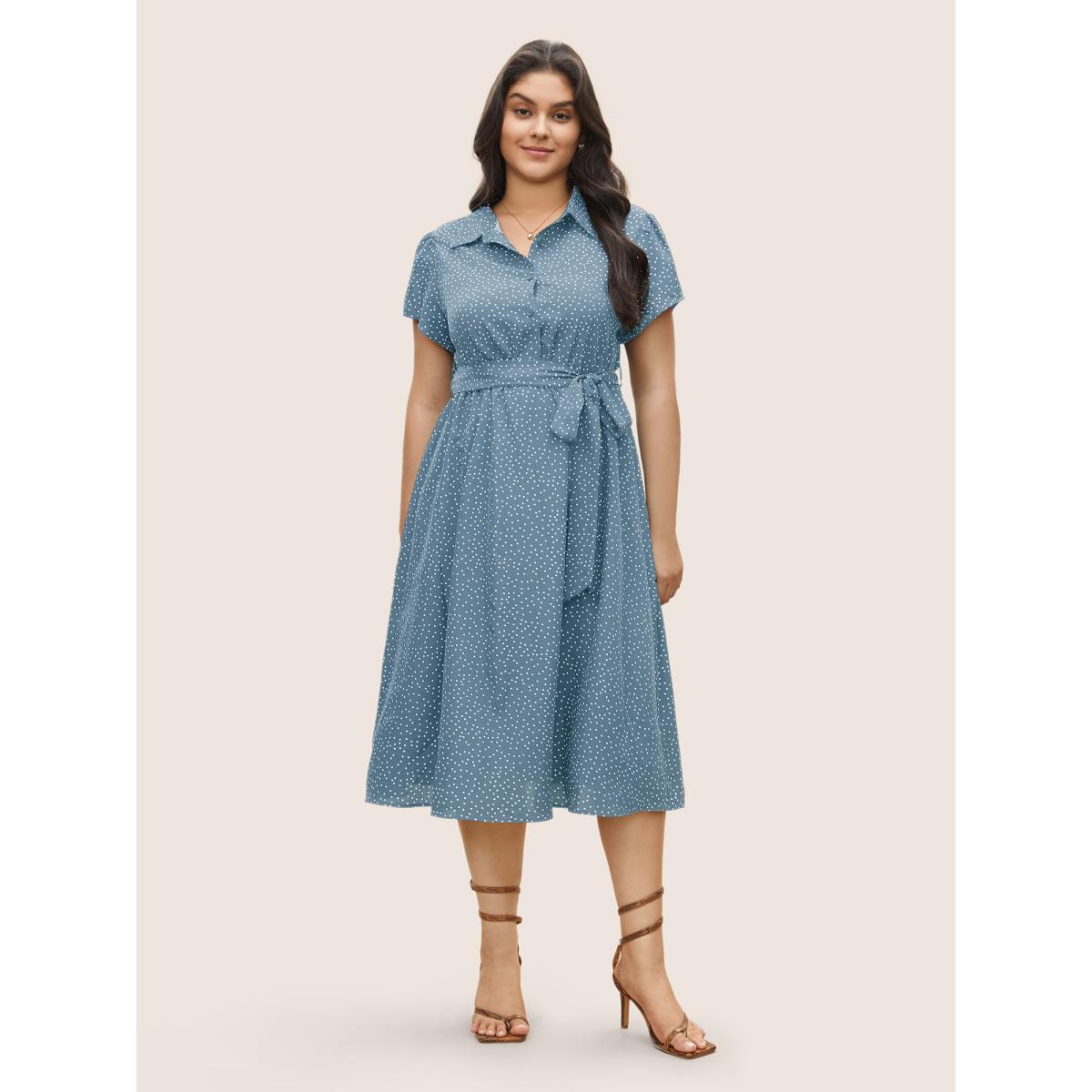 Plus Size Polka Dot Shirt Collar Pocket Button Up Dress Stone Women At the Office Non Shirt collar Short sleeve Curvy Midi Dress BloomChic 18-20/2X Product Image