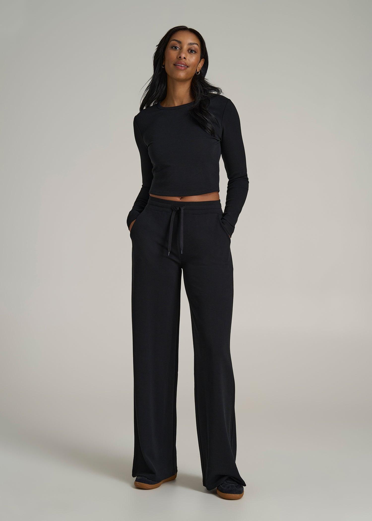 Cropped Long Sleeve Waffle Shirt for Tall Women in Black Female Product Image