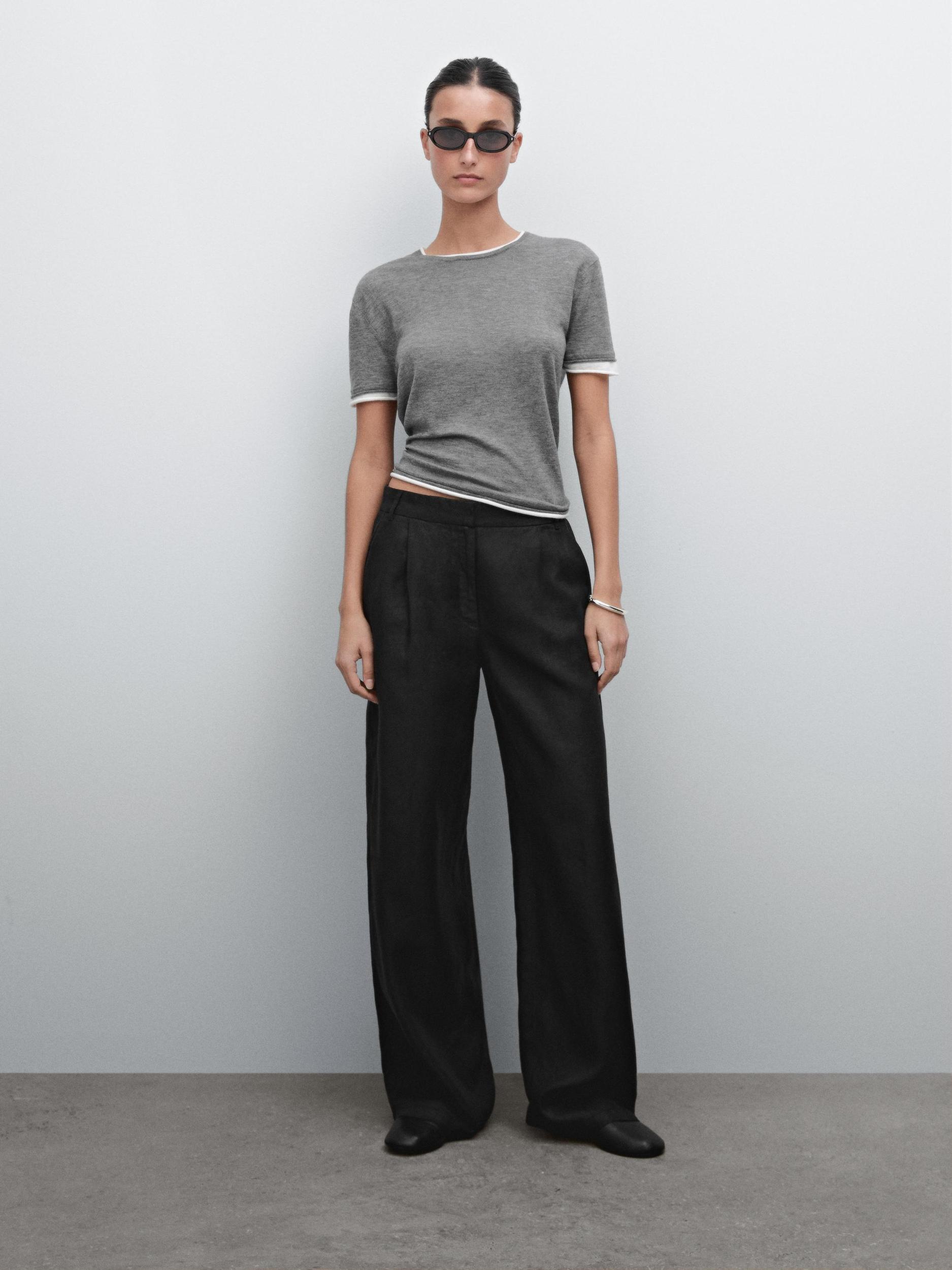 100% linen wide-leg elastic detail trousers Product Image