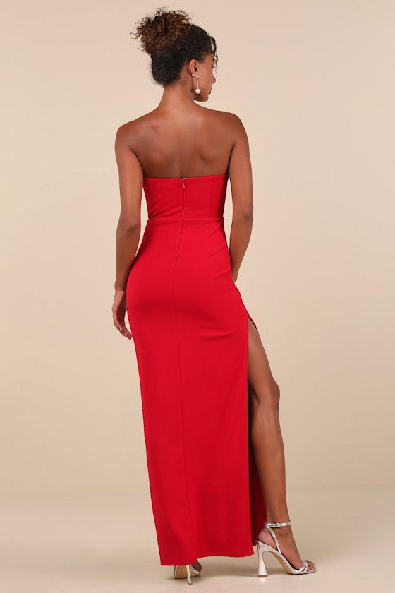 Sensational Luxury Red Rhinestone Cutout Strapless Maxi Dress Product Image