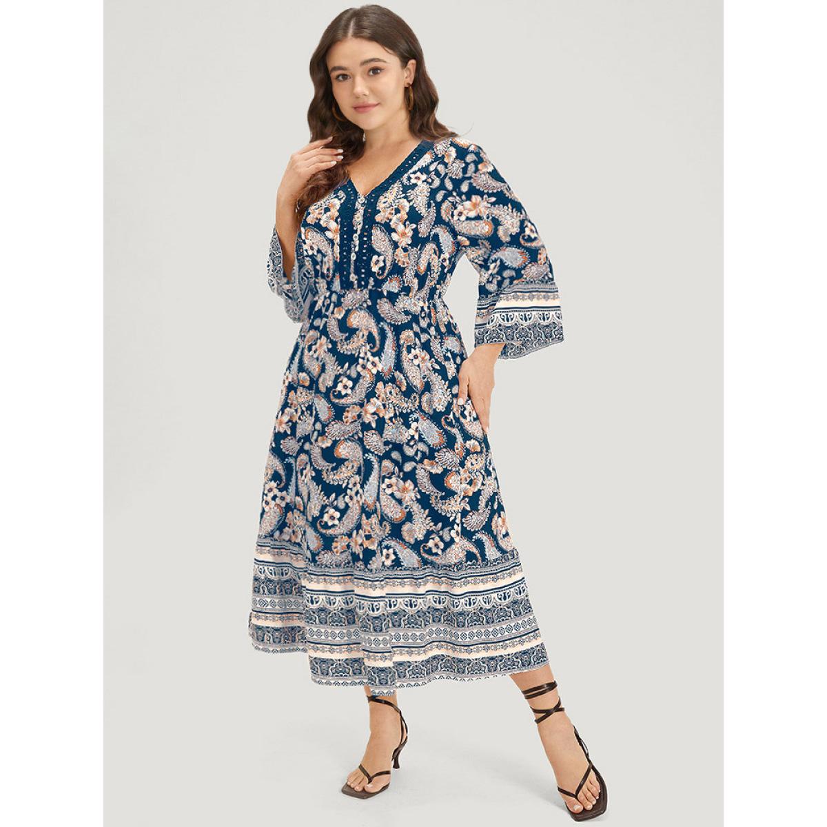 Plus Size Floral & Paisley Print Elastic Waist Button Detail Dress Aegean Women Vacation Printed V-neck Elbow-length sleeve Curvy Midi Dress BloomChic 30/6X Product Image