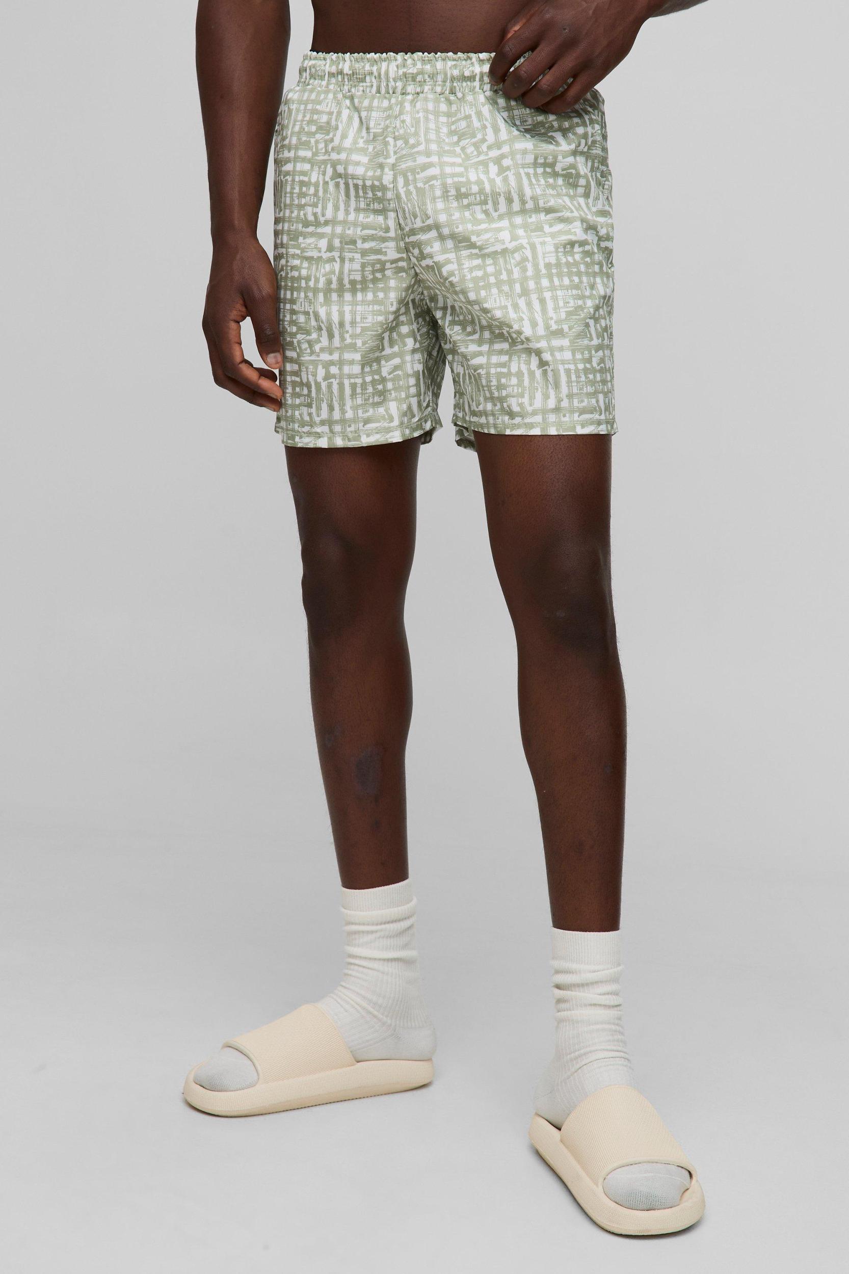 Check Stripe Printed Mid Length Swim Short | boohooMAN USA Product Image