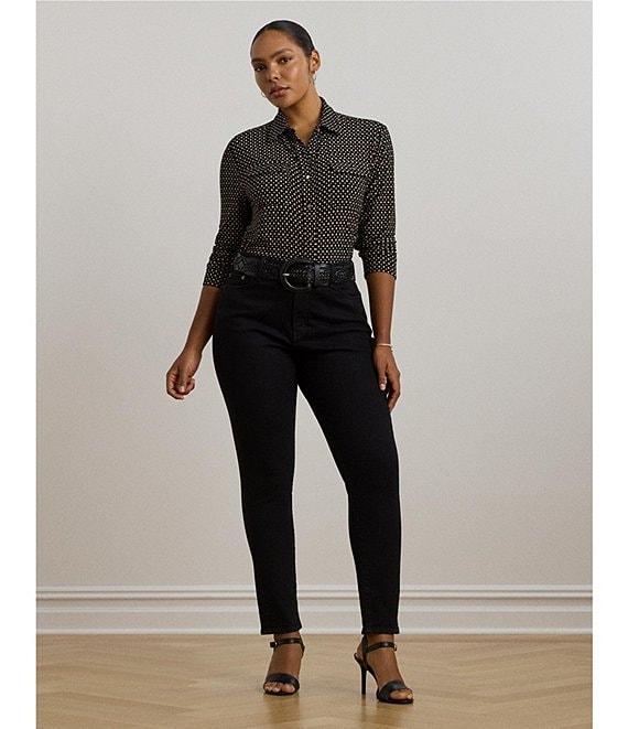 Lauren Ralph Lauren Plus Size Jersey Two-Tone Geometric Collared Long Sleeve Button Front Shirt Product Image