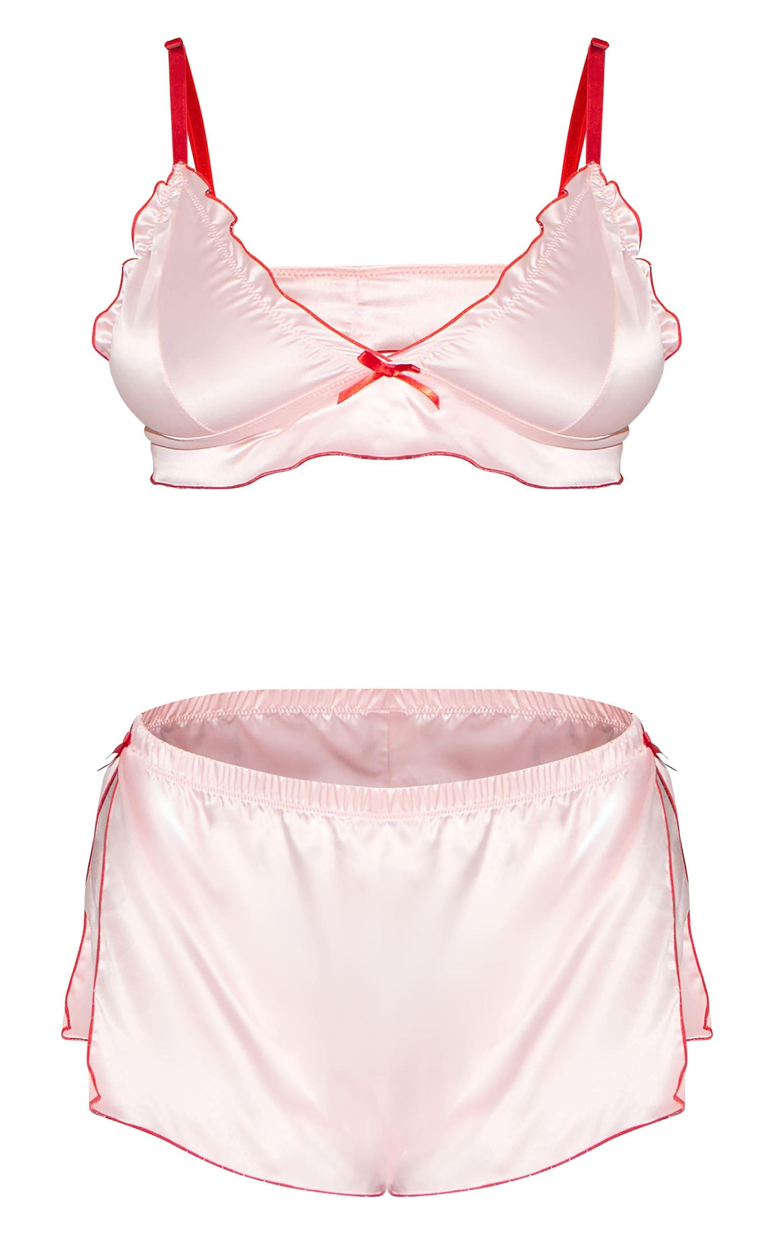 Plus Pink Cami Short Contrast Trim Satin PJ Set Product Image