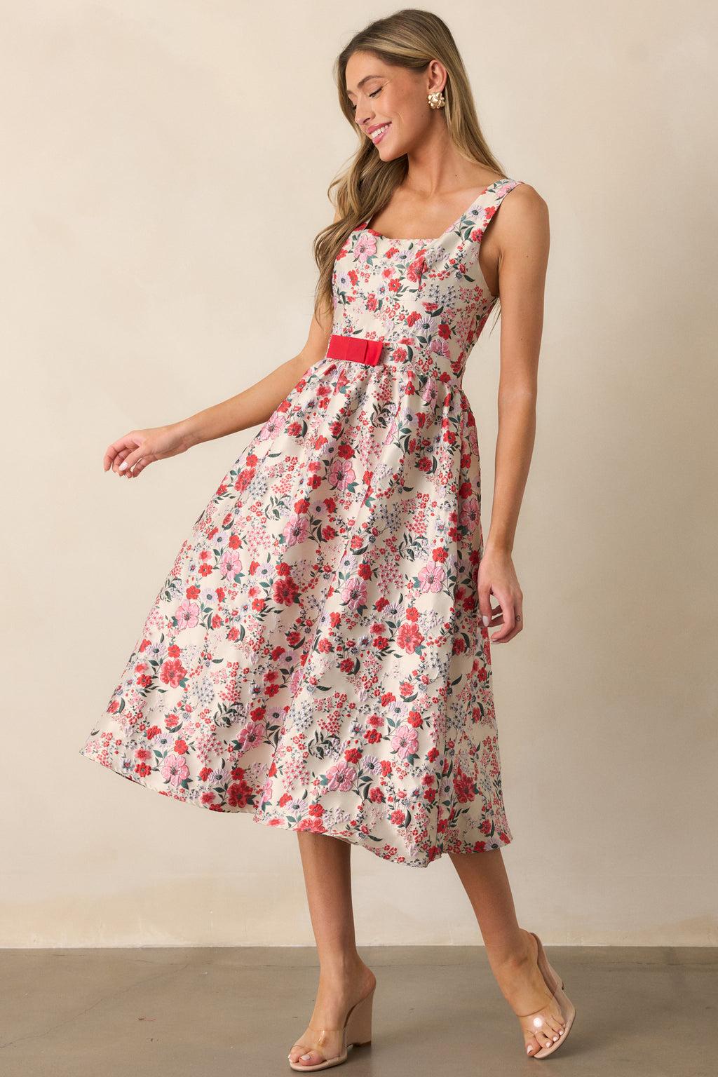 Sunlit Mornings Red Floral Jacquard Midi Dress Product Image