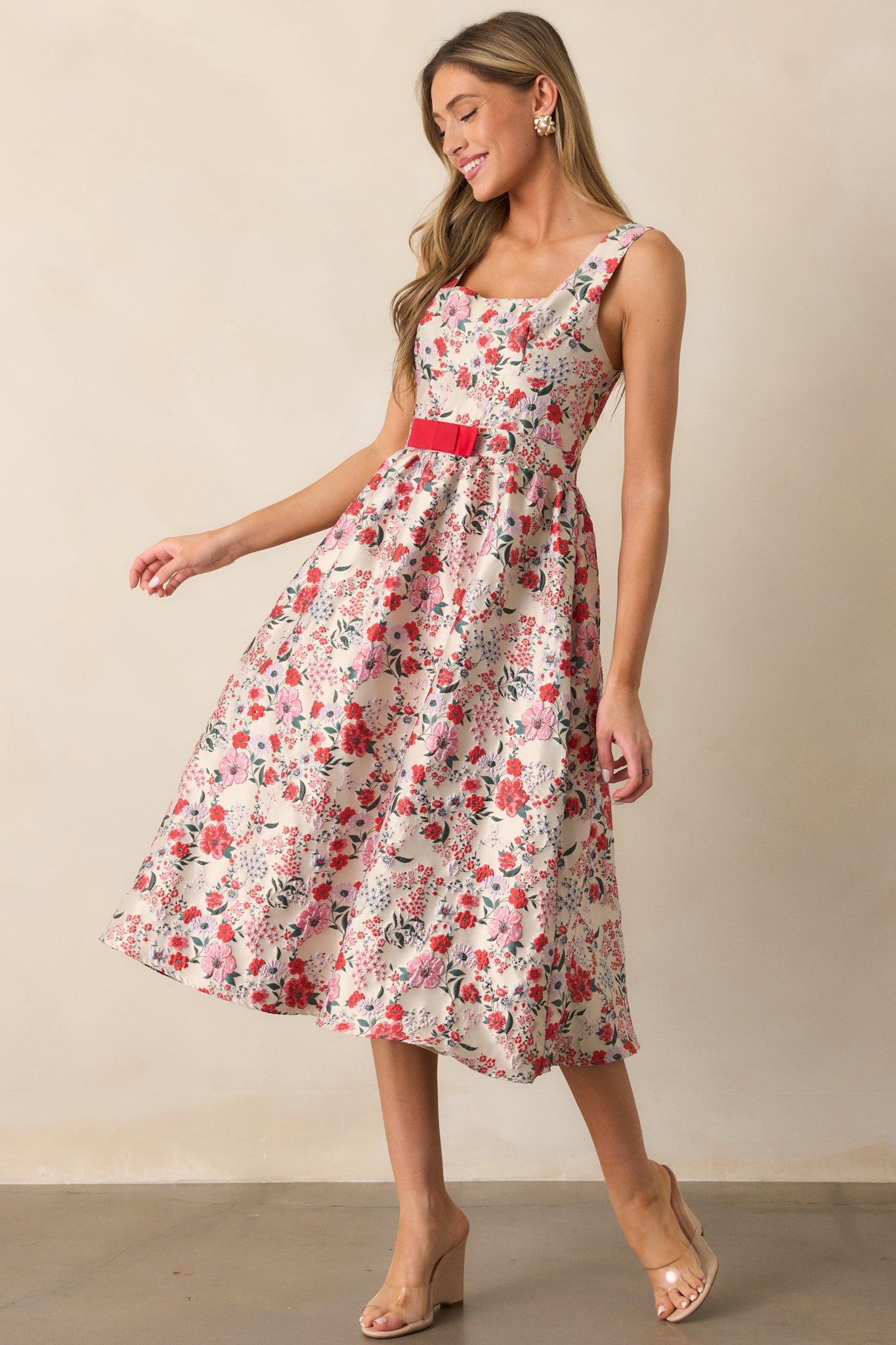 Sunlit Mornings Red Floral Jacquard Midi Dress Product Image