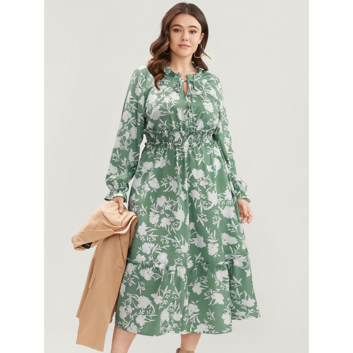 Plus Size Floral Lantern Sleeve Shirred Pocket Tie Neck Ruffle Dress Green Women Elegant Pocket Round Neck Long Sleeve Curvy Midi Dress BloomChic 26/4X Product Image