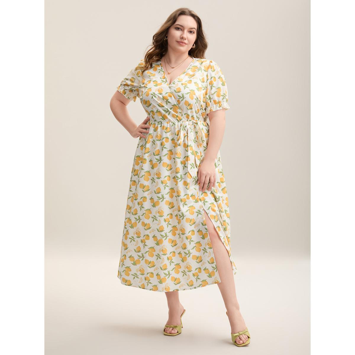 Plus Size Lemon Print Surplice Stretchy Waist Midi Dress Ivory Women Elegant Overlapping Overlap Collar Short sleeve Curvy BloomChic 18-20/2X Product Image