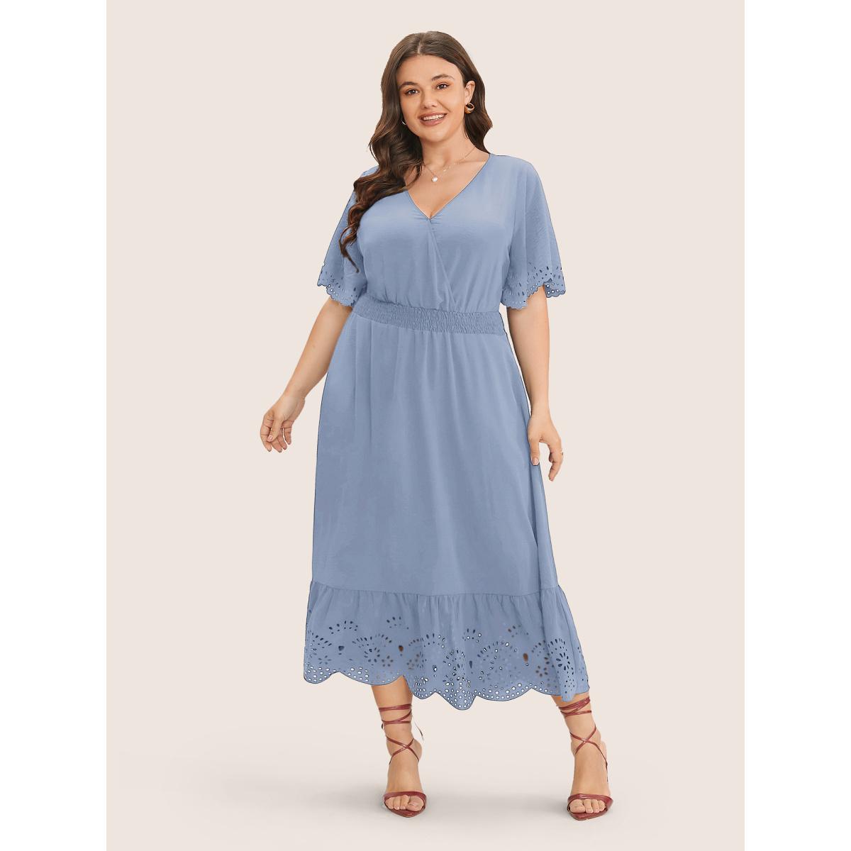 Plus Size Solid Laser Cut Shirred Pocket Wrap Scalloped Trim Flutter Dress LightBlue Women Elegant Non V-neck Short sleeve Curvy Midi Dress BloomChic 28/5X Product Image