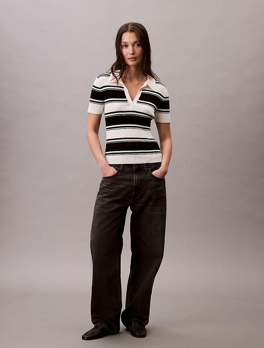 Smooth Cotton Rib Stripe Polo Shirt Product Image