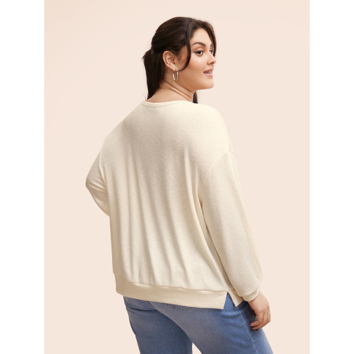 Plus Size Notched Button Detail Split Hem Sweatshirt Women Beige Casual Texture Flat collar with V-notch Everyday Sweatshirts BloomChic 14-16/1X Product Image