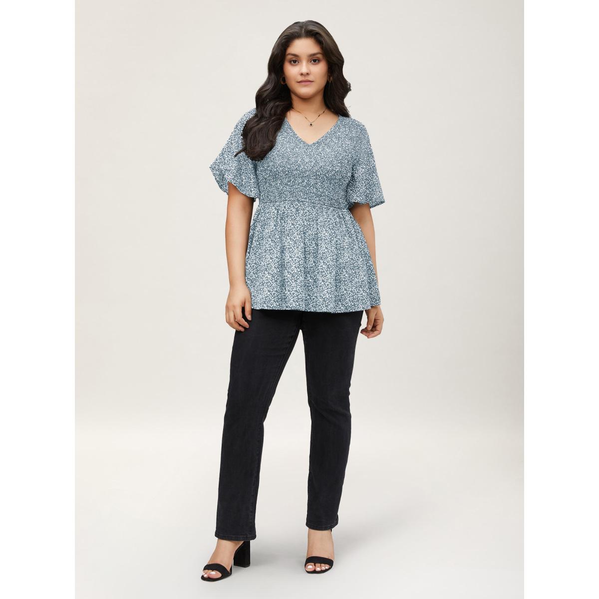 Plus Size LightBlue Ditsy Floral Shirred Ruffle Sleeve Elastic Waist Blouse Women Timeless Short sleeve V-neck Elegant Blouses BloomChic 30/6X Product Image