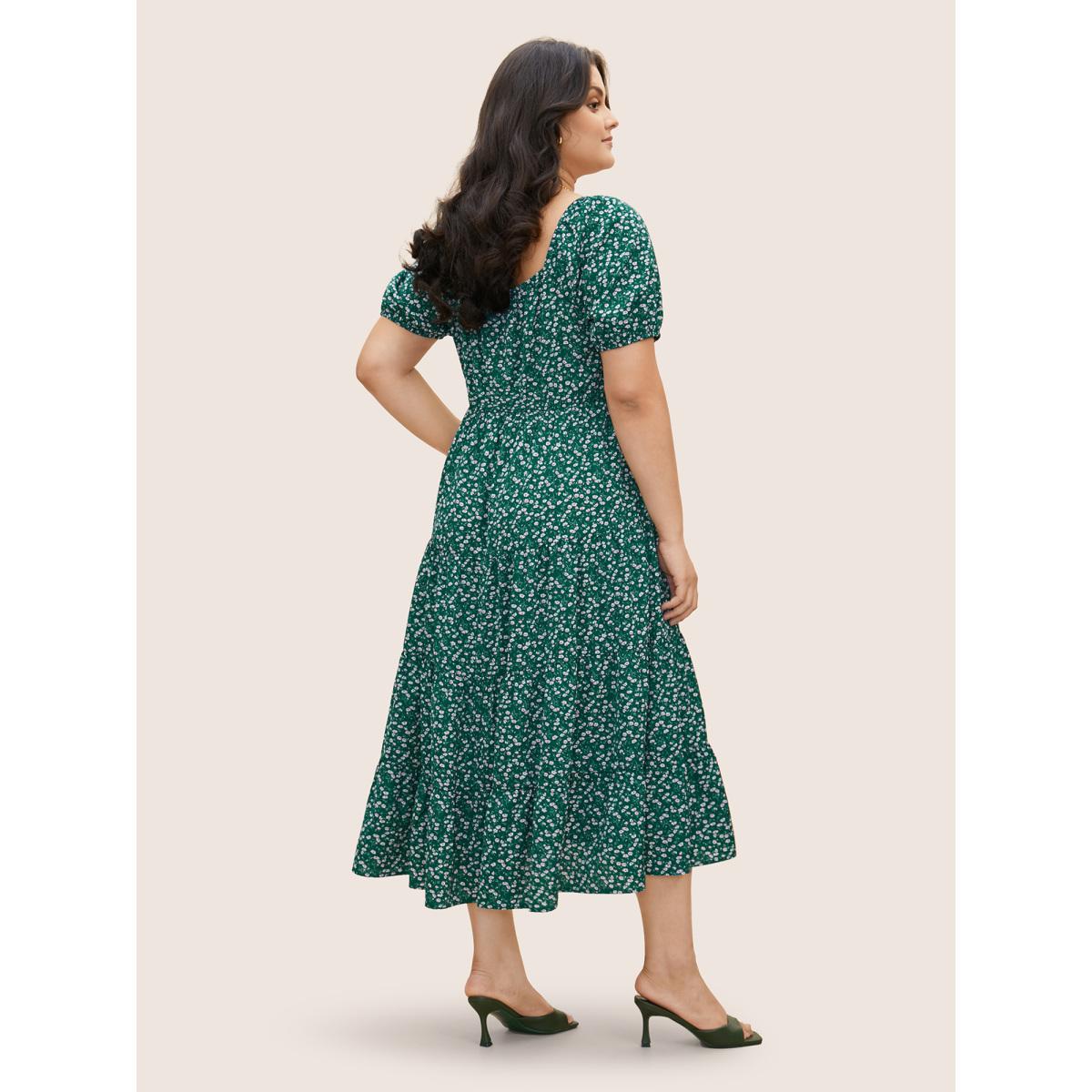 Plus Size Ditsy Floral Tie Knot Gathered Dress Teal Women Elegant Tie knot Square Neck Short sleeve Curvy BloomChic 26/4X Product Image