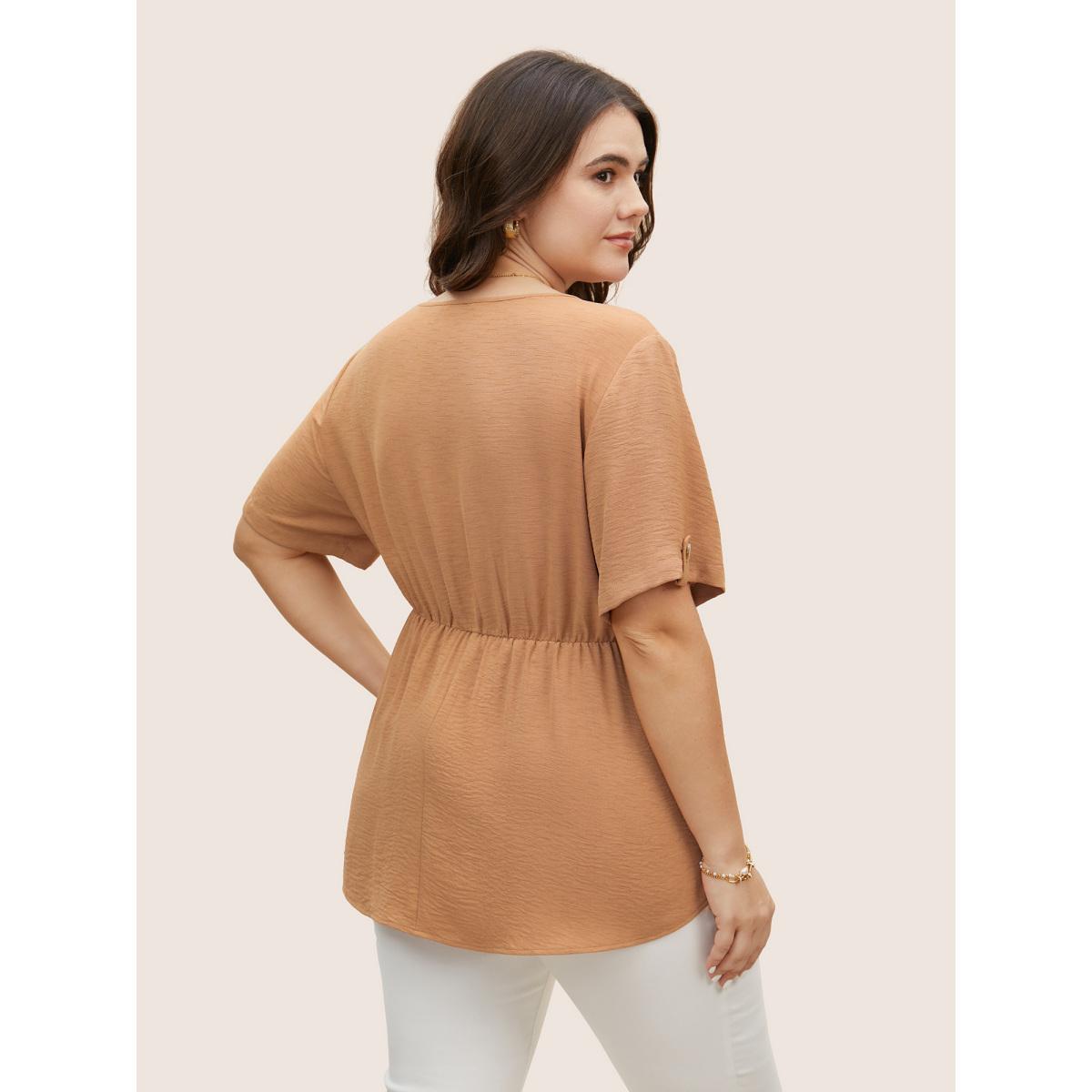 Plus Size LightBrown V Neck Buckle Detail Tab Sleeve Blouse Women Work From Home Short sleeve V-neck Work Blouses BloomChic 10/M Product Image
