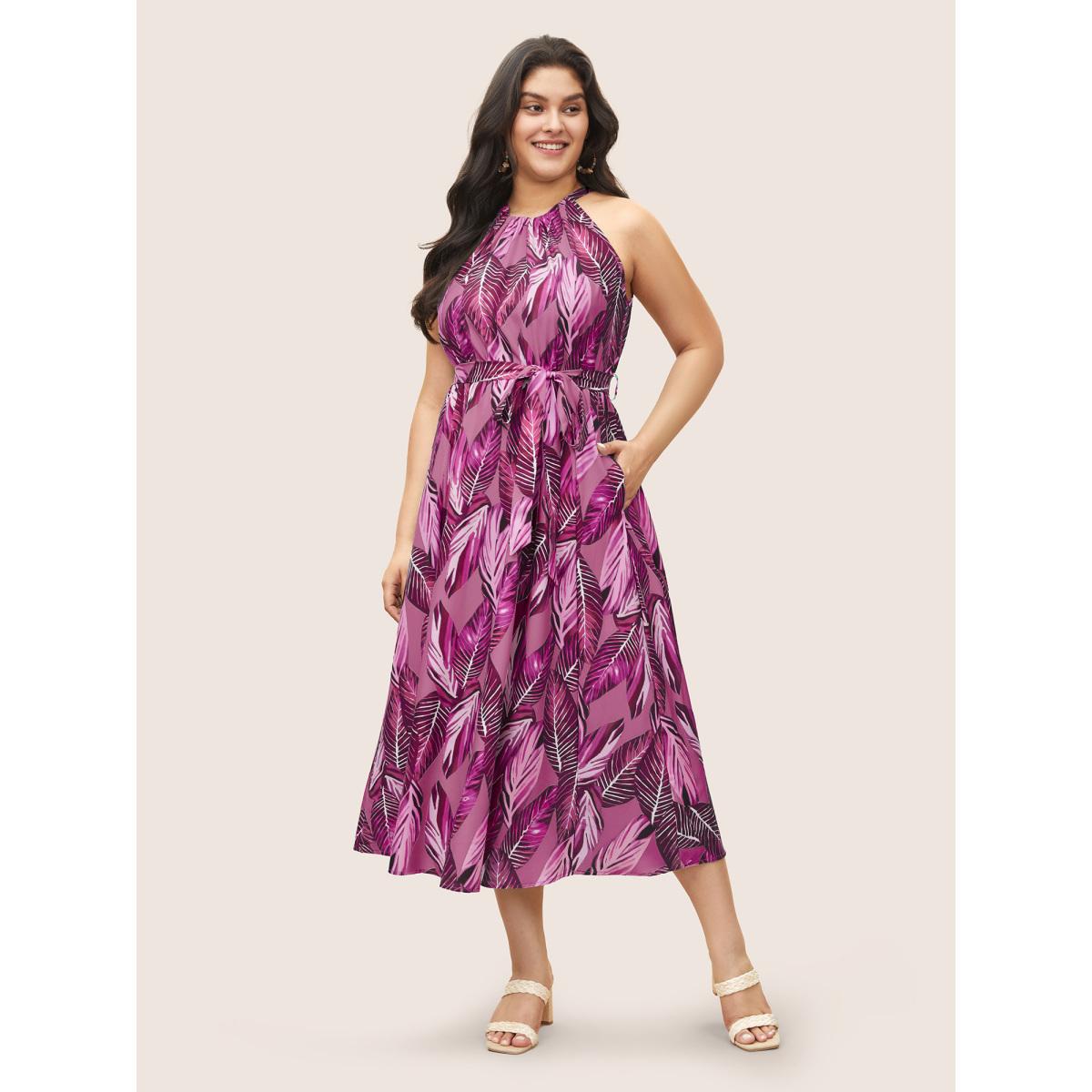Plus Size Tropical Print Knotted Pocket Ruffles Belted Halter Dress Lilac Women Resort Non Halter neck Sleeveless Curvy Midi Dress BloomChic 22-24/3X Product Image