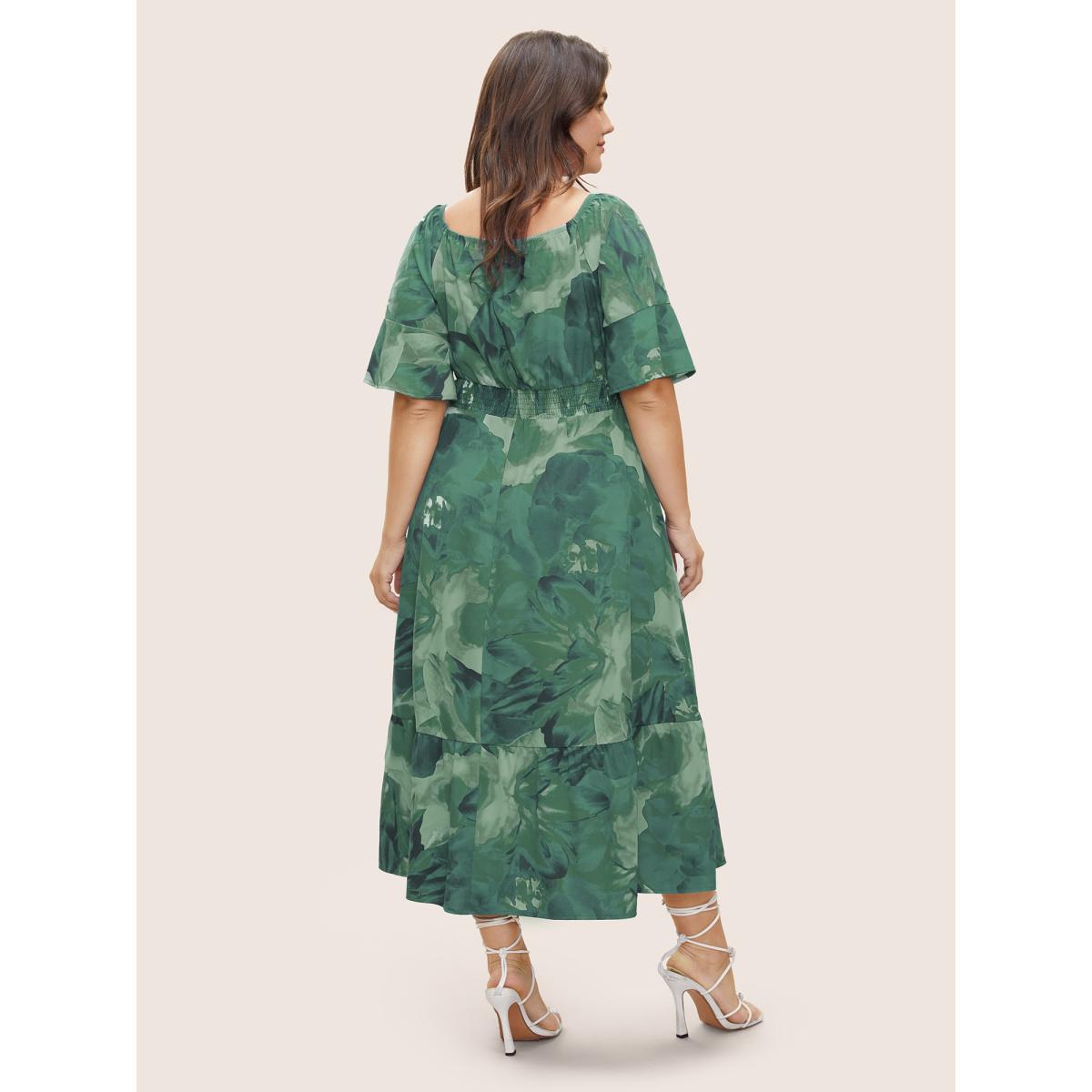 Plus Size Square Neck Floral Shirred Ruffle Sleeve Dress Emerald Women Elegant Non Square Neck Short sleeve Curvy Midi Dress BloomChic 30/6X Product Image