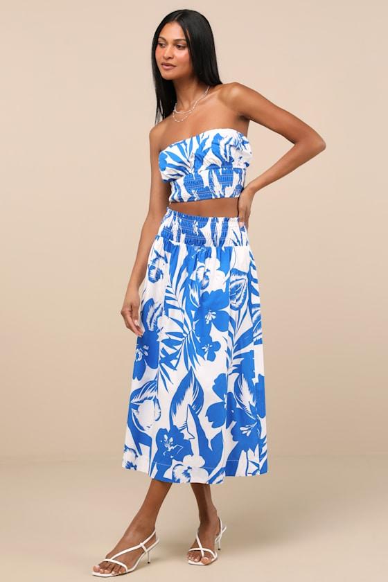Luana Blue and White Floral High-Rise Midi Skirt Product Image