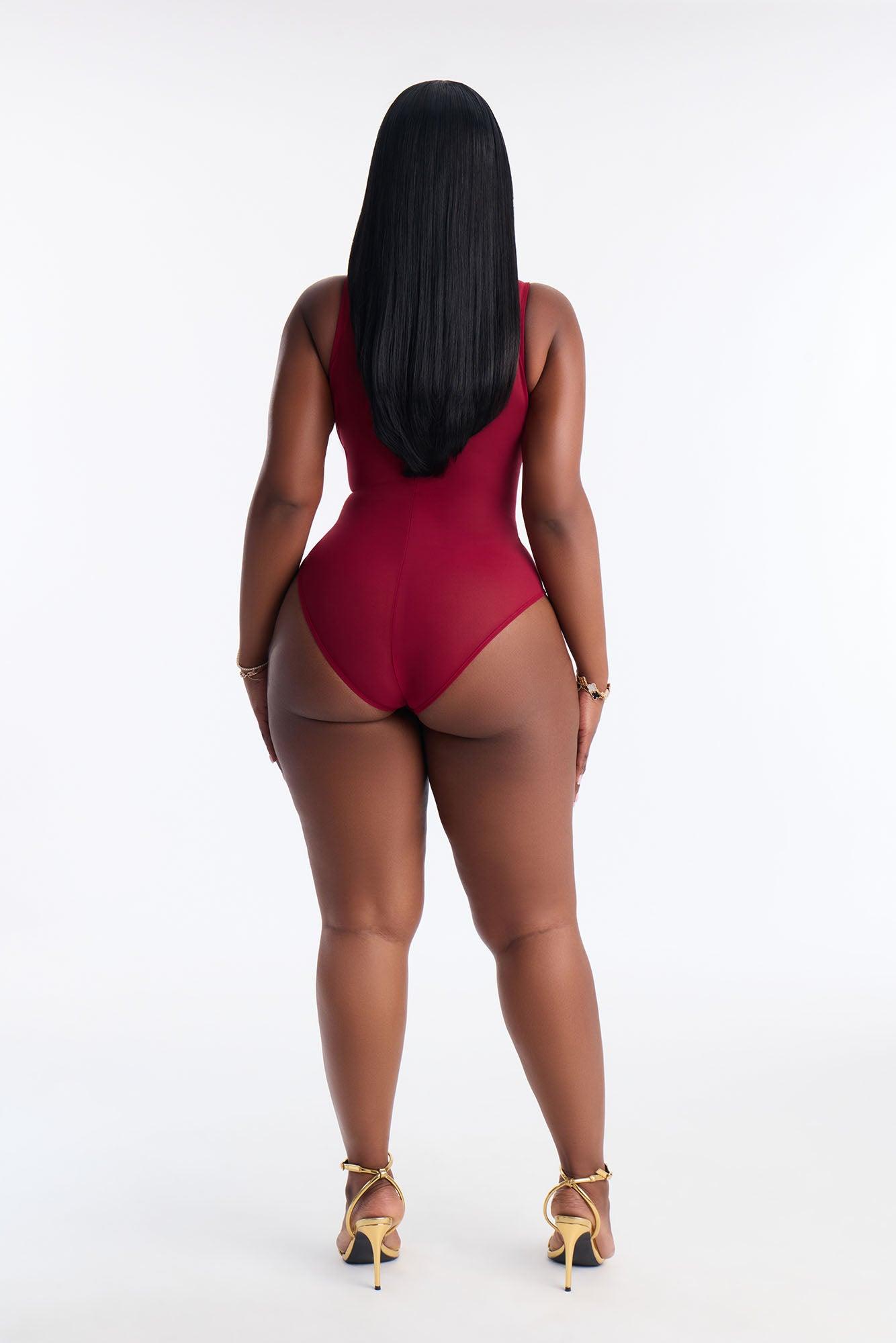 Power Mesh Deep V Neck Sleeveless Bodysuit - DarkRed Female Product Image