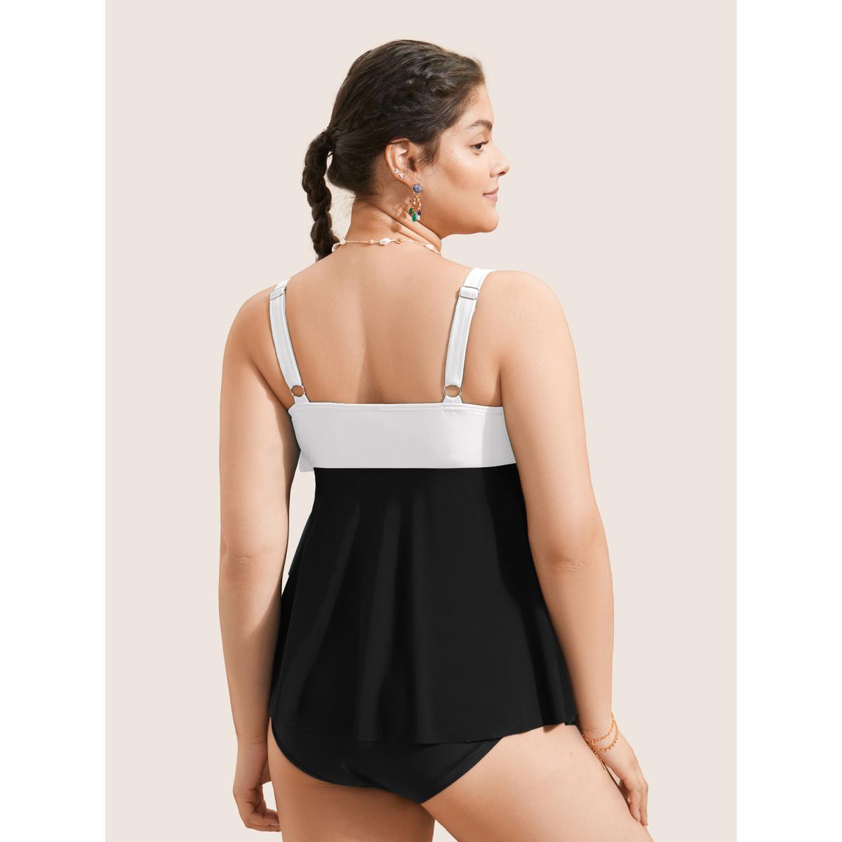 Plus Size Colorblock Contrast Ruffle Layered Hem Tankini Top Women's Swimwear DimGray Beach Non High stretch Bodycon U-neck Curve Swim Tops BloomChic 28/5X Product Image