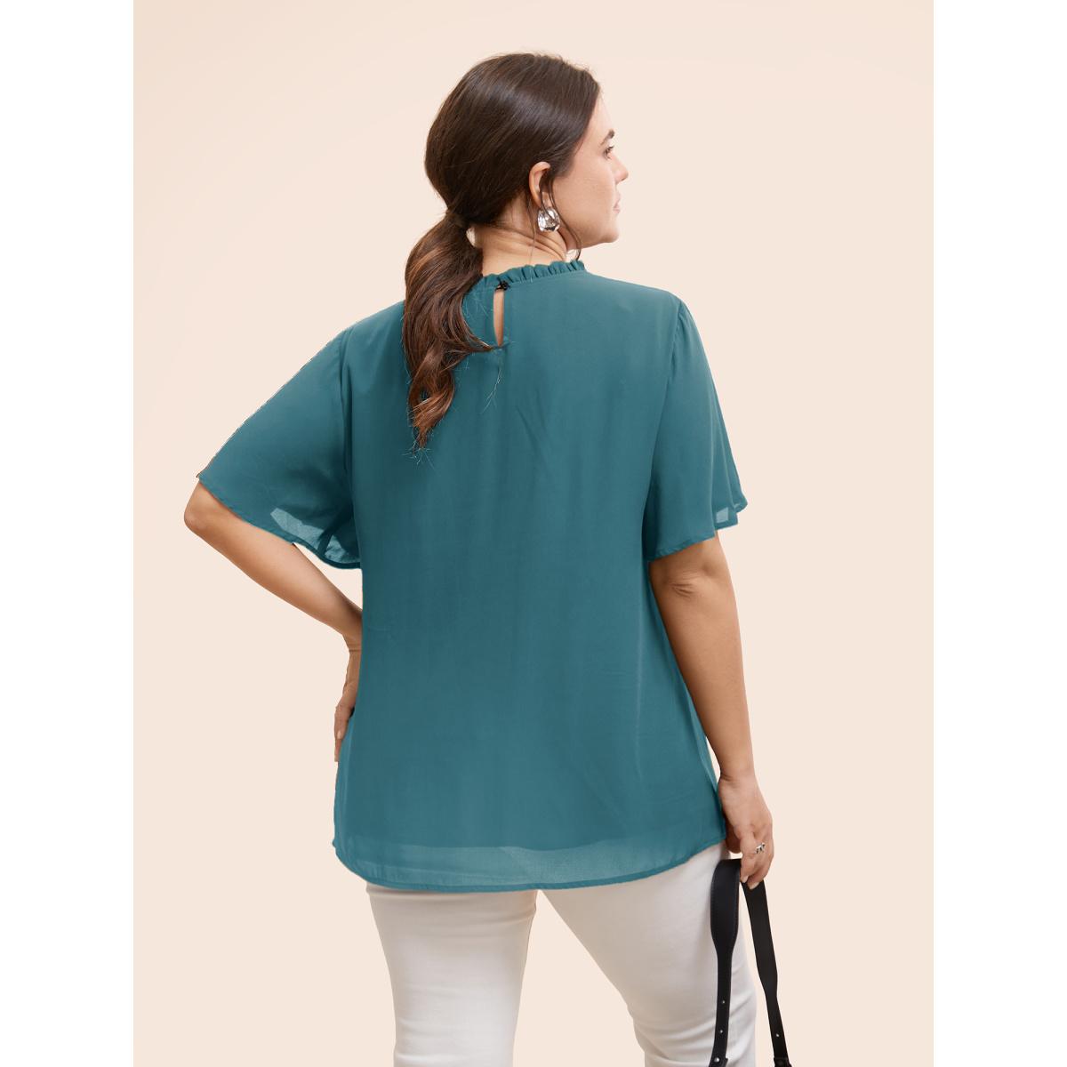 Plus Size DarkGreen Anti-Wrinkle Shirred Ruffle Sleeve Mesh Frill Trim Blouse Women Office Short sleeve Stand-up collar Office Blouses BloomChic 26/4X Product Image