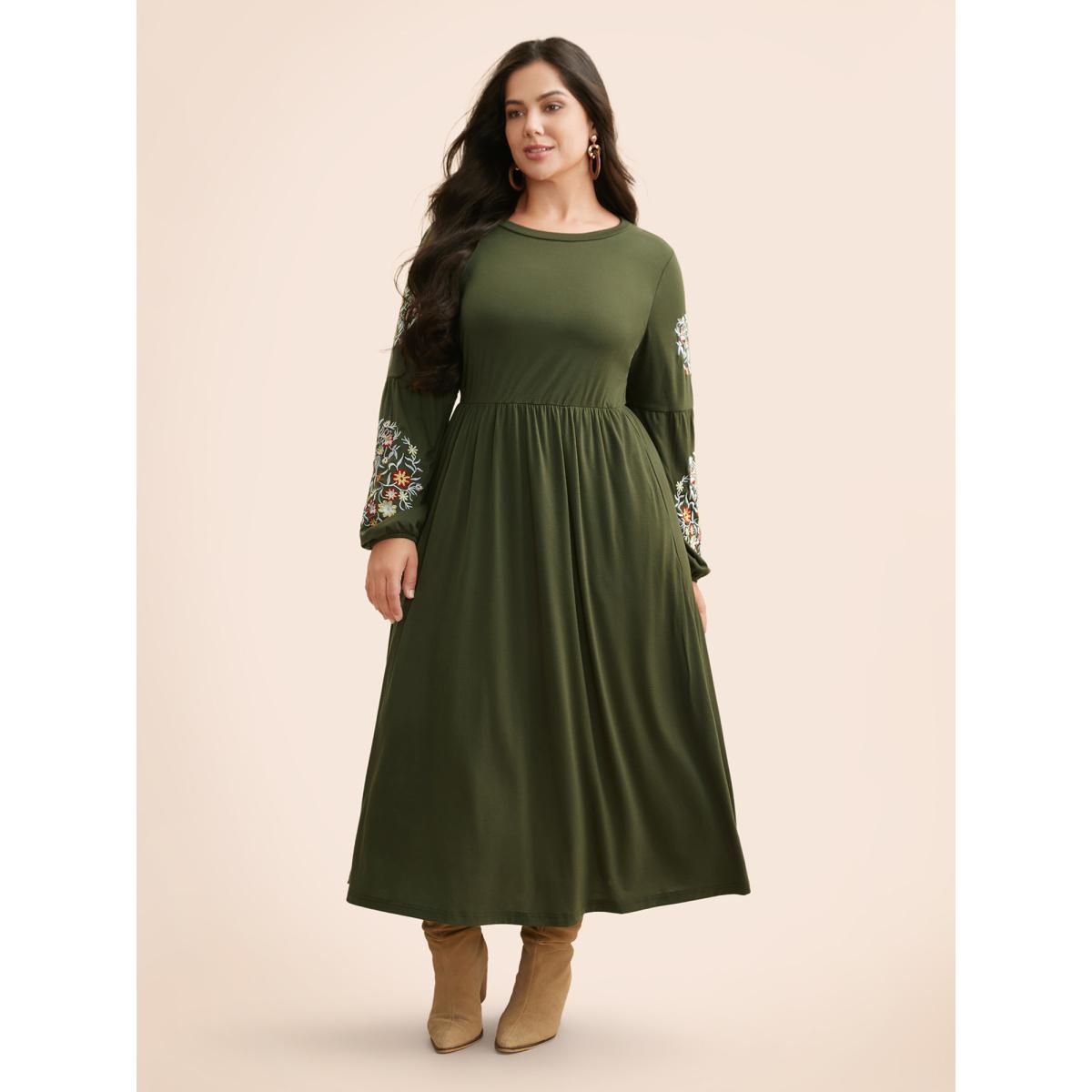 Plus Size Floral Embroidered Elastic Waist Gathered Dress ArmyGreen Women Casual Embroidered Round Neck Long Sleeve Curvy BloomChic 14-16/1X Product Image