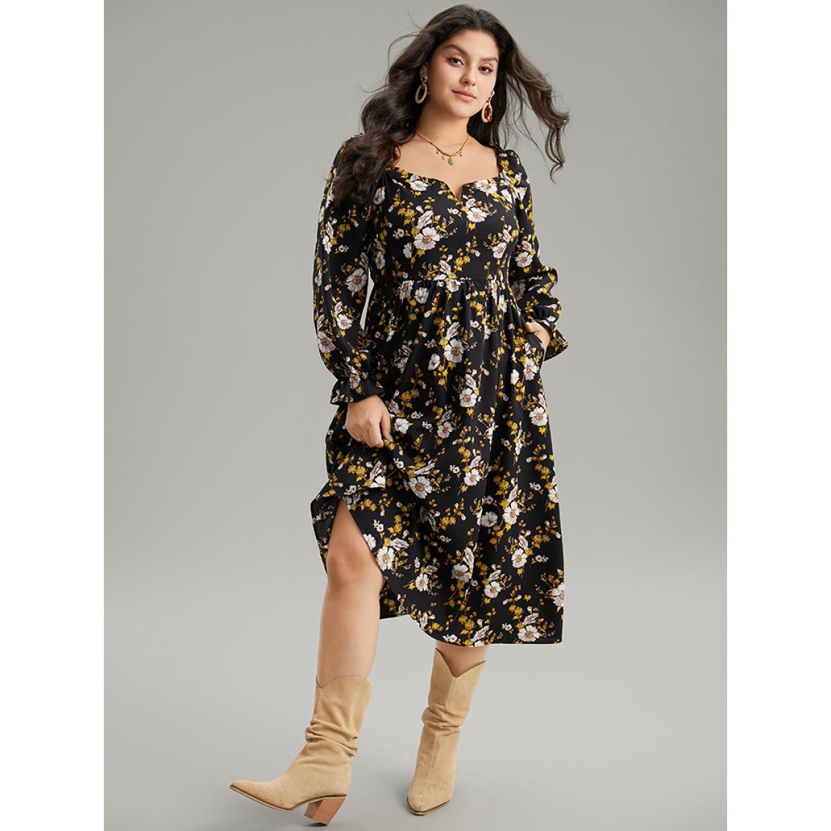 Plus Size Floral Print Notched Frill Trim Gathered Shirred Dress Black Women Vacation Gathered Notched collar Long Sleeve Curvy Midi Dress BloomChic 10/M Product Image