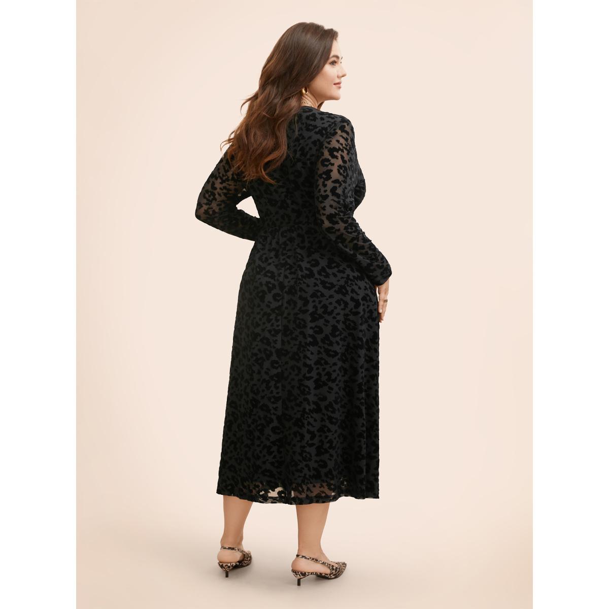 Plus Size V Neck Flocking Mesh Midi Dress Black Women Elegant Texture V-neck Long Sleeve Curvy BloomChic 18-20/2X Product Image