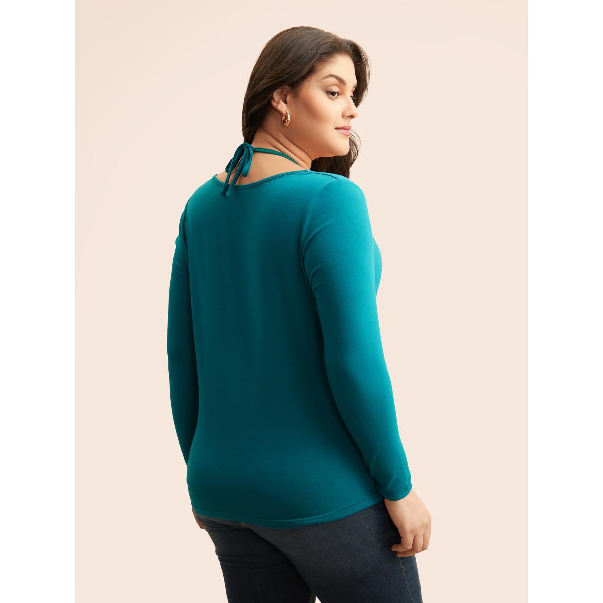 Plus Size Solid Ruched Tie Knot T-shirt Aegean Women Elegant Tie knot Asymmetrical Neck Skinny Everyday T-shirts BloomChic 22-24/3X Product Image