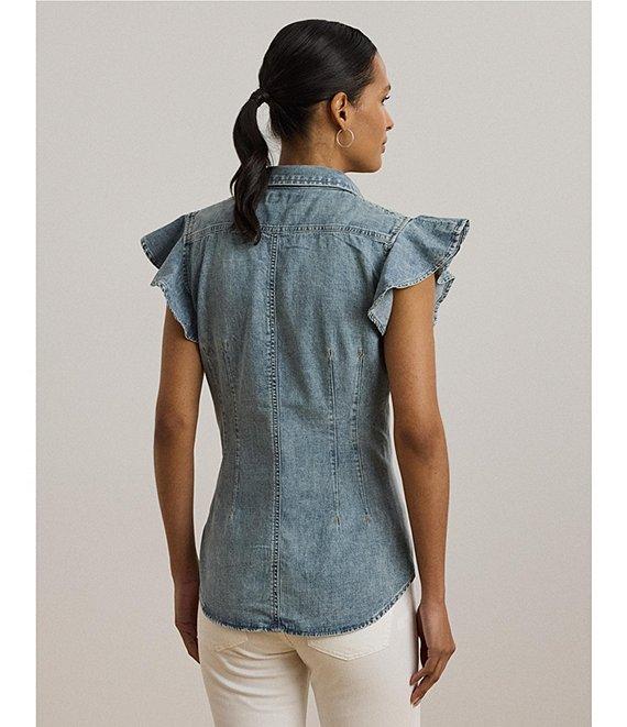 Lauren Ralph Lauren Denim Spread Collar Flutter Sleeve Button Front Shirt Product Image