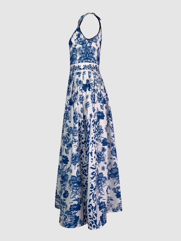 A-Line Loose Flower Print Split-Joint Lapel Maxi Dresses Product Image