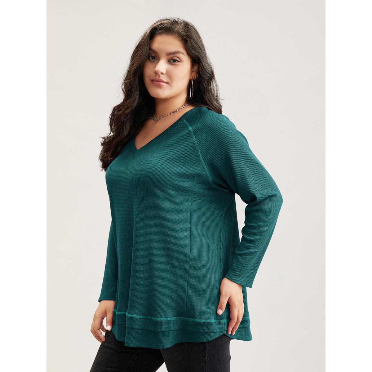 Plus Size Plain Textured Stitch Raglan Sleeve Sweatshirt Women Cyan Leisure Plain V-neck Casual Sweatshirts BloomChic 14-16/1X Product Image