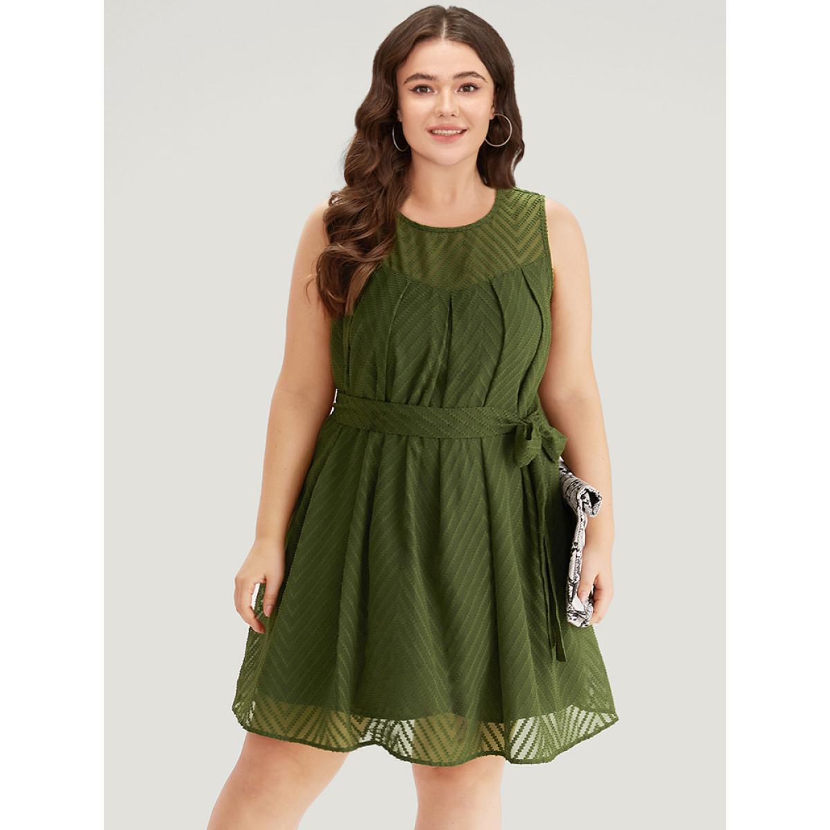 Plus Size Plisse Mesh Patchwork Belted Pleated Dress ArmyGreen Women Office Texture Round Neck Sleeveless Curvy Knee Dress BloomChic 28/5X Product Image