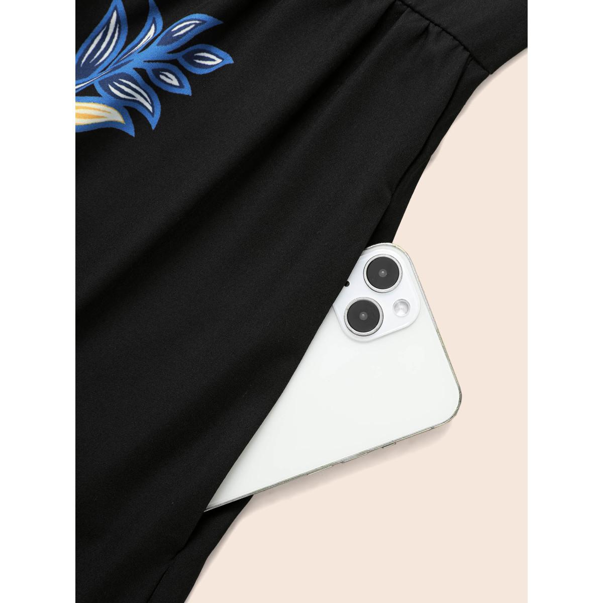 Plus Size Boho Print Lantern Sleeve Midi Dress BlackFlower Women Elegant Button V-neck Elbow-length sleeve Curvy BloomChic 22-24/3X Product Image