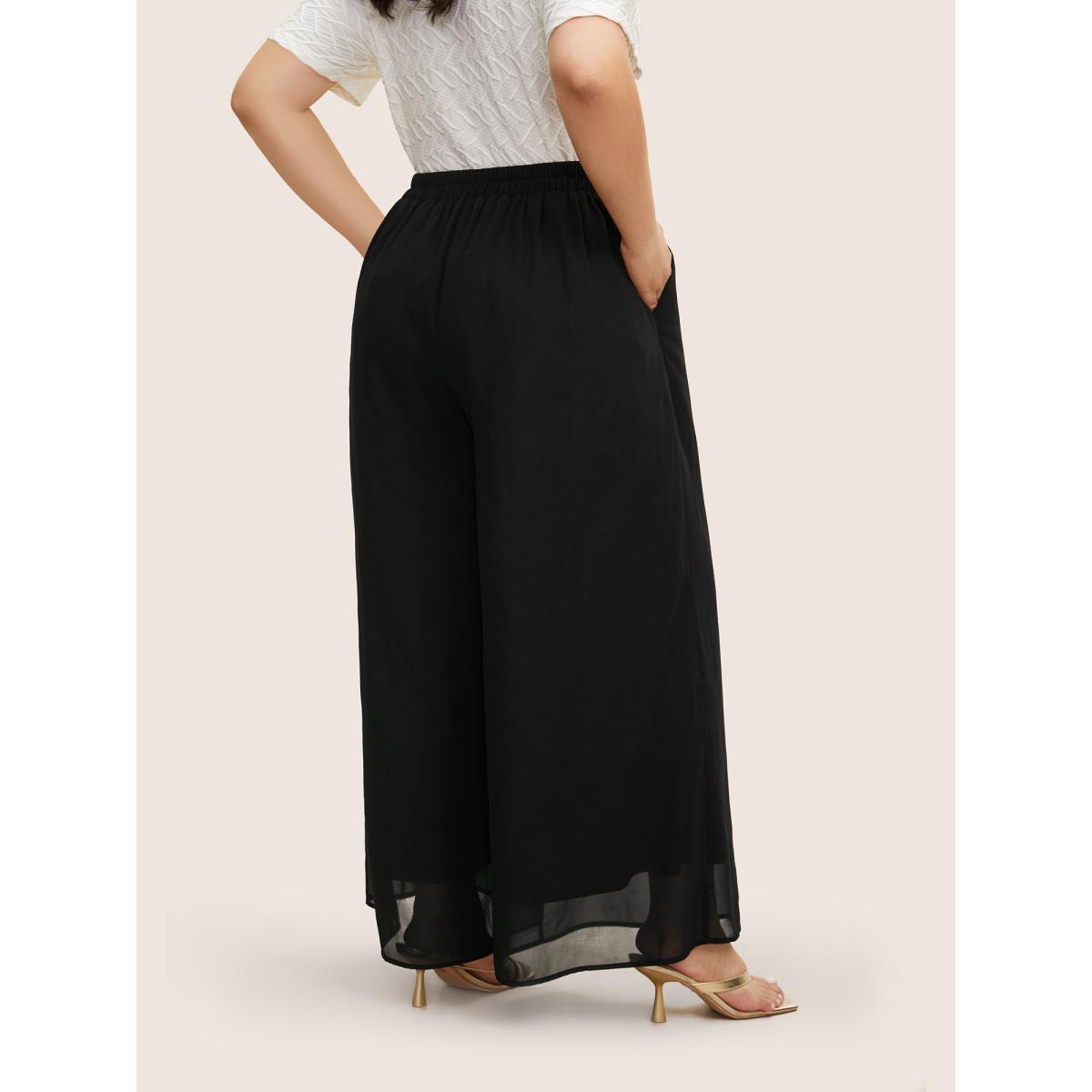 Plus Size Mid Rise Mesh Elastic Waist Wide Leg Pants Women Black Elegant Loose Mid Rise Everyday Pants BloomChic 22-24/3X Product Image