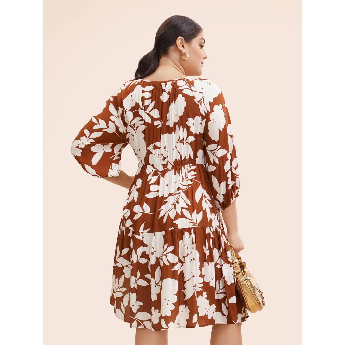 Plus Size Silhouette Floral Print Knot Neck Lantern Sleeve Dress Russet Women Office Elastic cuffs Round Neck Half Sleeve Curvy Midi Dress BloomChic 14-16/1X Product Image
