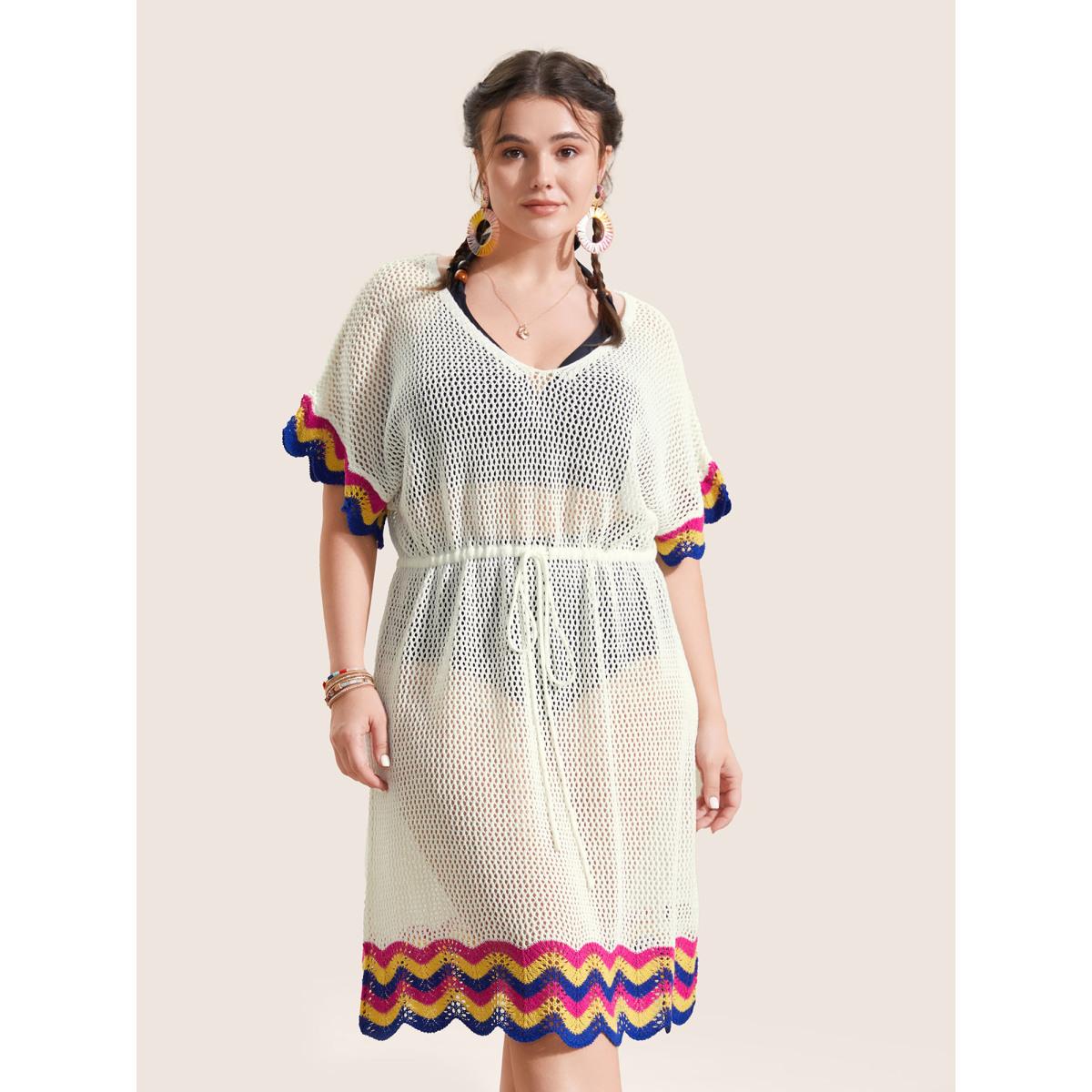Plus Size Deep V Neck Contrast Striped Drawstring Swim Cover Up Women's Swimwear Ivory Beach Loose Texture Curve Swim Cover Ups BloomChic 22-24/3X Product Image