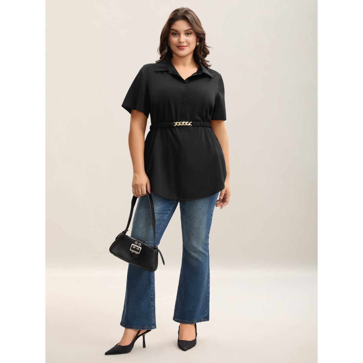 Plus Size Black Button Up Belted Collar Shirt Women At the Office Short sleeve Shirt collar Work Blouses BloomChic 10/M Product Image