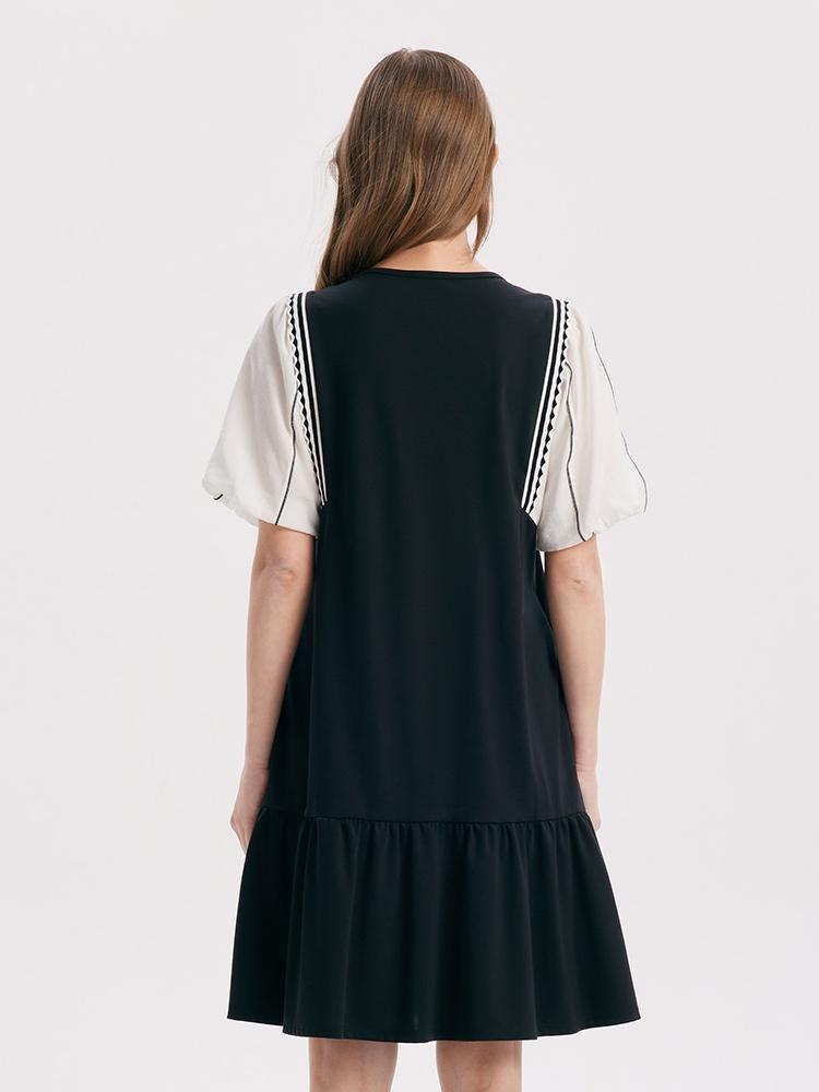 A-Shape Patchwork Puff Sleeve Mini Dress Product Image