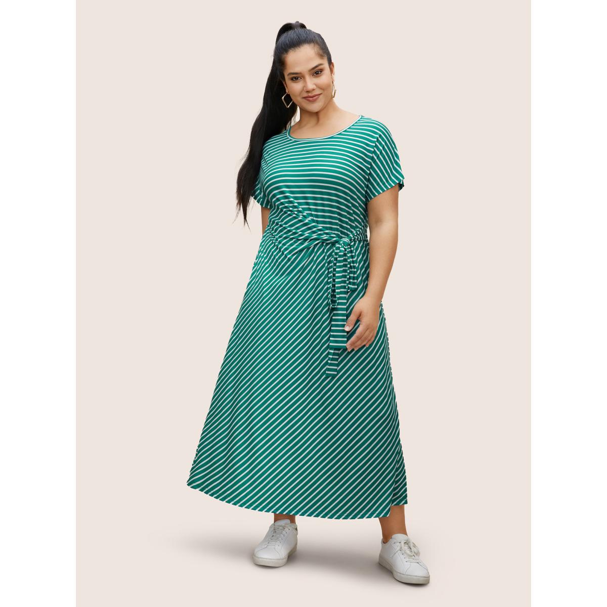 Plus Size Striped Tie Knot Batwing Sleeve Split Side Dress Emerald Women Casual Tie knot Round Neck Cap Sleeve Curvy BloomChic 18-20/2X Product Image